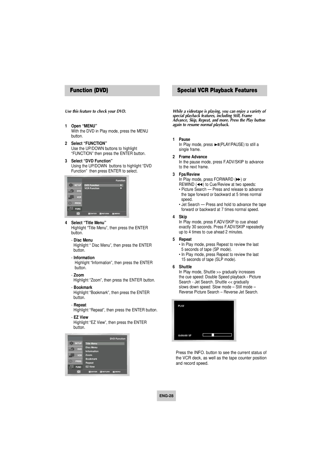 Samsung DVD-V4800 instruction manual Function DVD, Special VCR Playback Features, Use this feature to check your DVD 