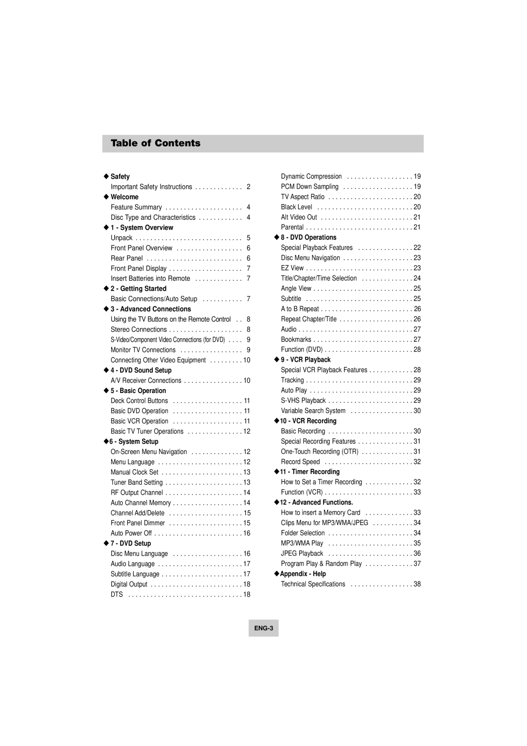 Samsung DVD-V4800 instruction manual Table of Contents 