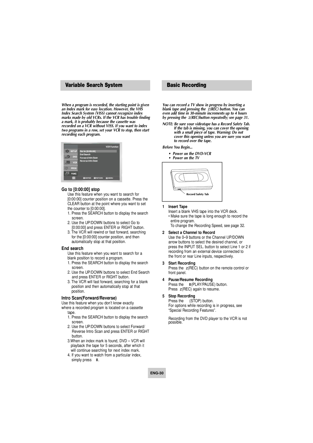 Samsung DVD-V4800 Variable Search System, Basic Recording, Go to 00000 stop, End search, Intro ScanForward/Reverse 