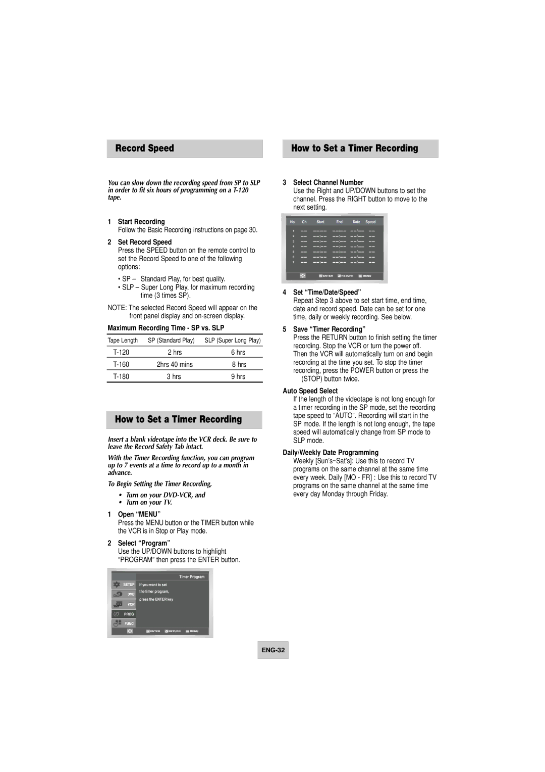 Samsung DVD-V4800 instruction manual Record Speed, How to Set a Timer Recording 