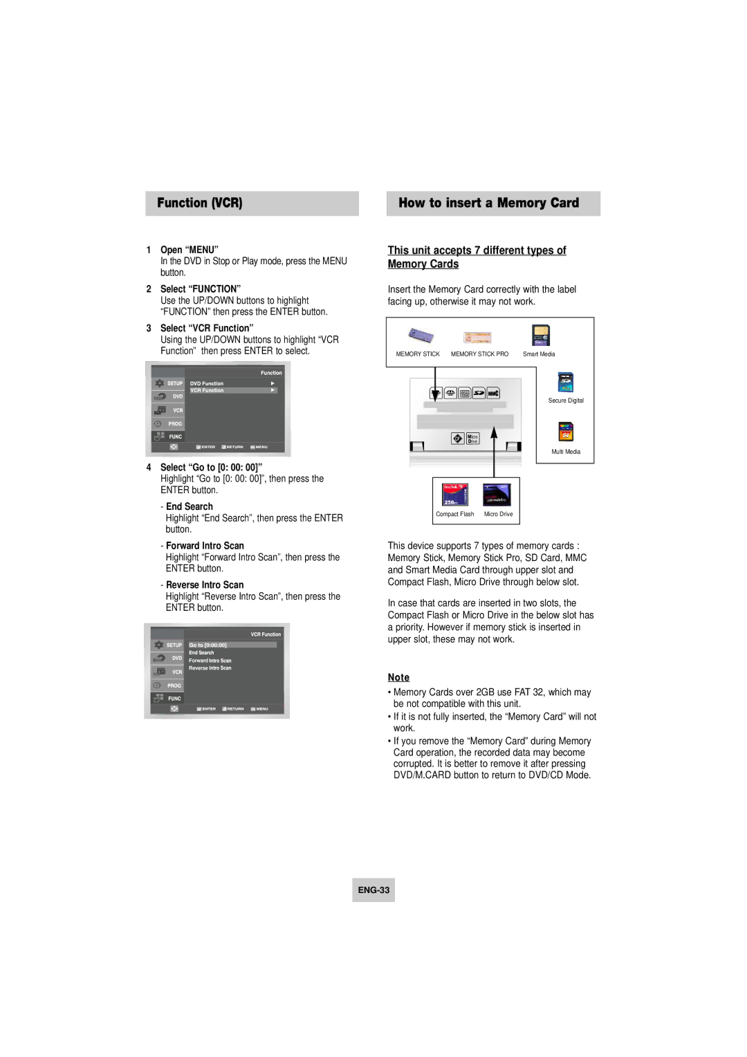 Samsung DVD-V4800 instruction manual Function VCR, This unit accepts 7 different types of Memory Cards 