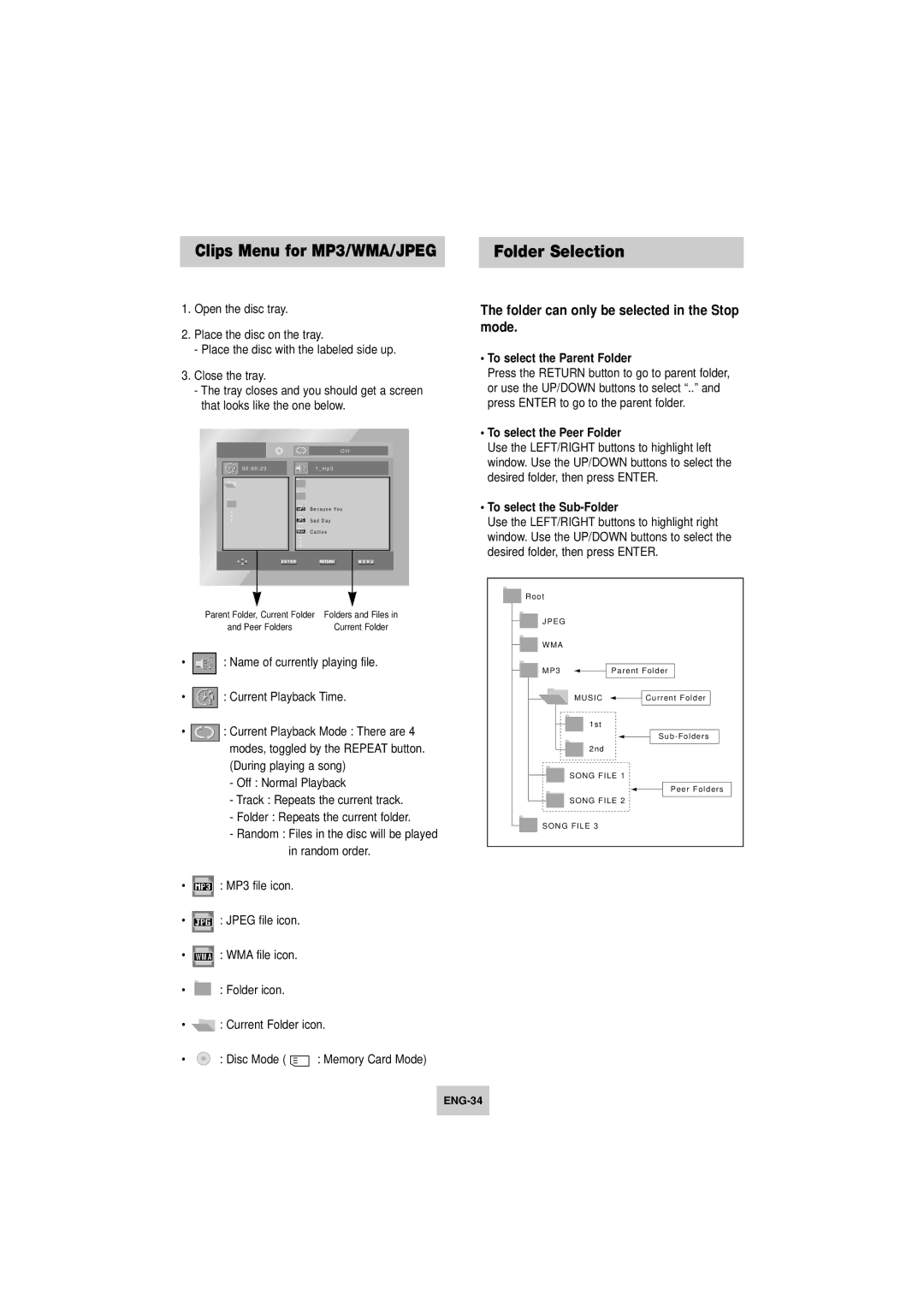 Samsung V4800 Clips Menu for MP3/WMA/JPEG, Folder can only be selected in the Stop mode, To select the Parent Folder 