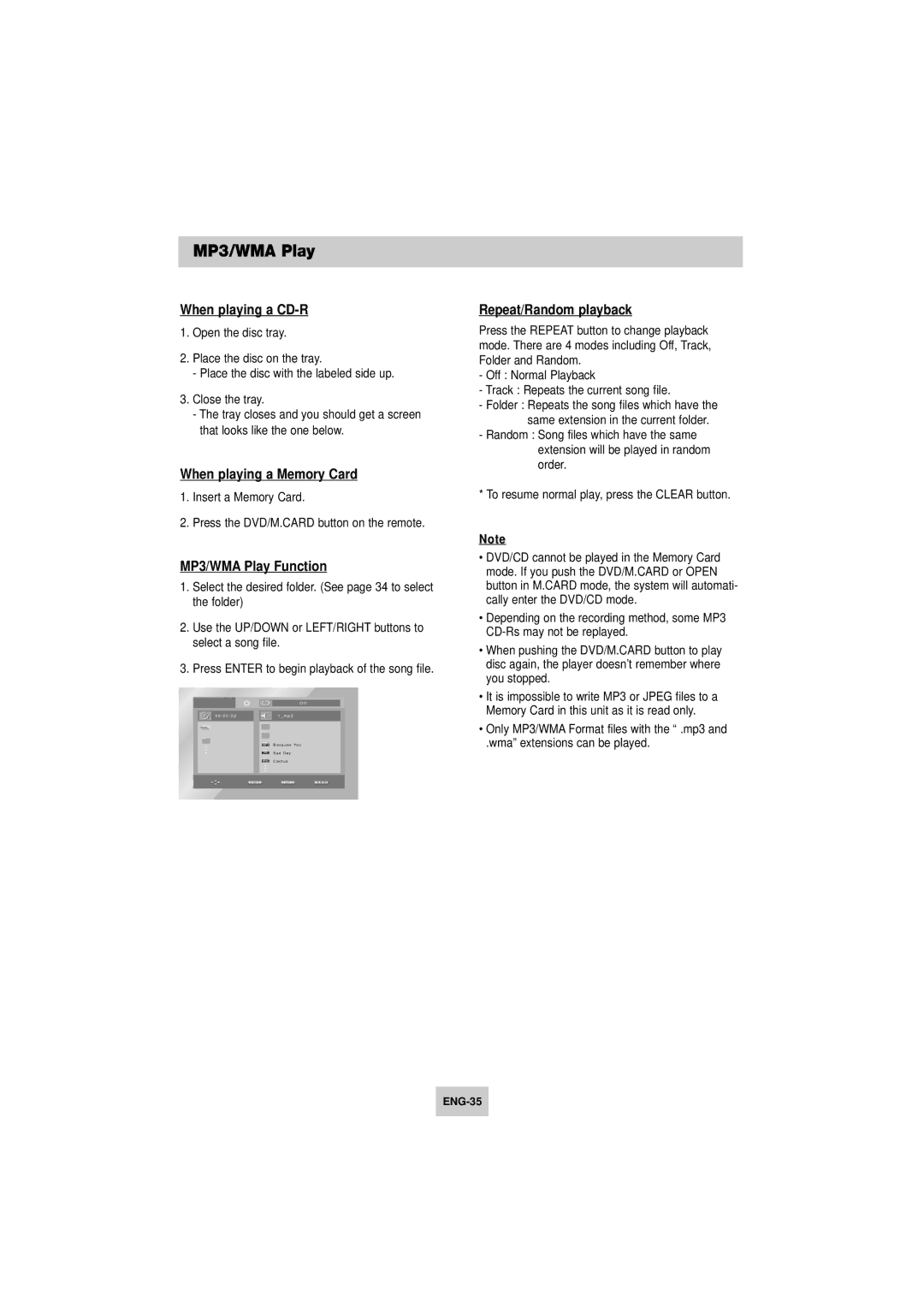 Samsung DVD-V4800 When playing a CD-R, When playing a Memory Card, MP3/WMA Play Function, Repeat/Random playback 