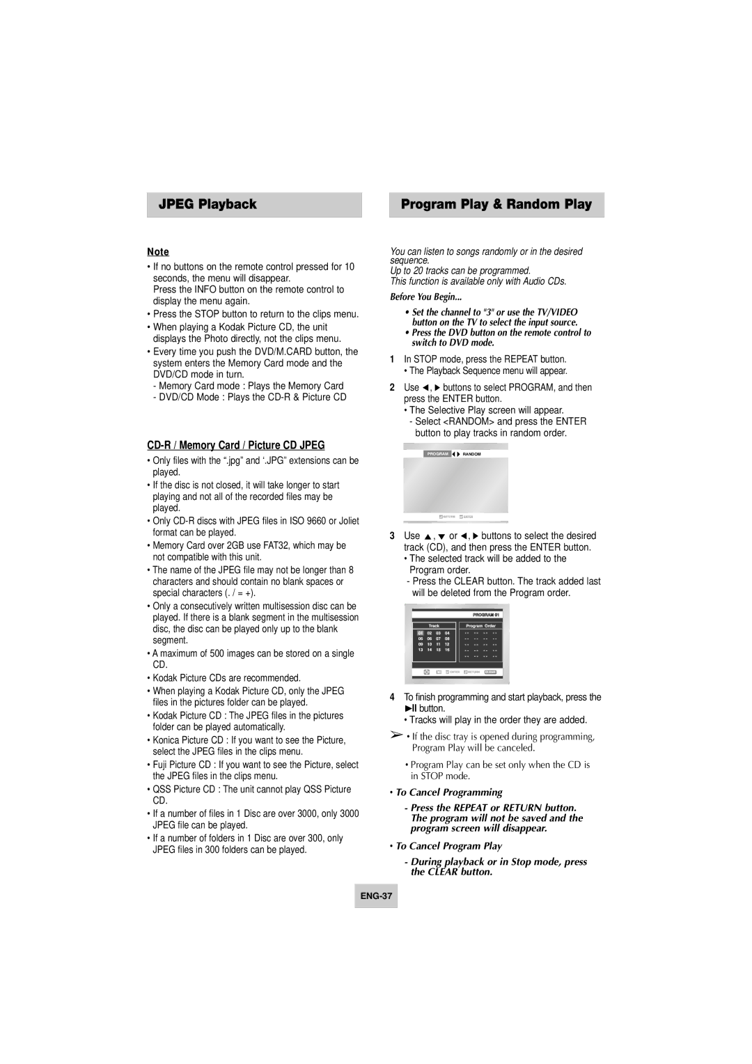 Samsung DVD-V4800 instruction manual Jpeg Playback, CD-R / Memory Card / Picture CD Jpeg, To Cancel Programming 