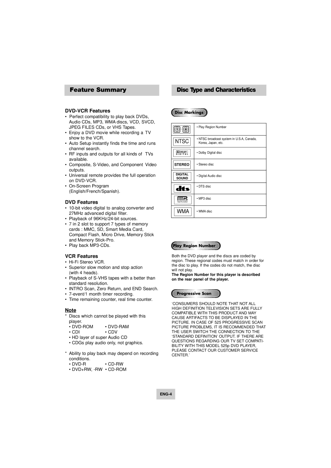 Samsung DVD-V4800 instruction manual Feature Summary, DVD-VCR Features, DVD Features 