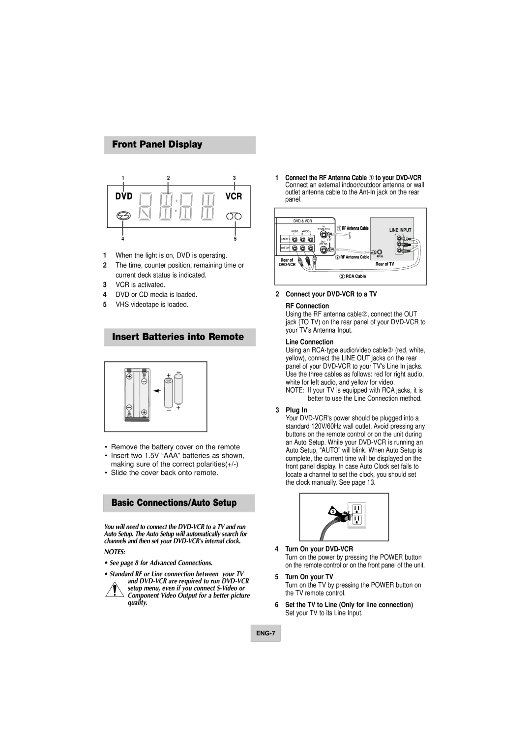 Samsung DVD-V4800 instruction manual Front Panel Display, Insert Batteries into Remote, Basic Connections/Auto Setup 