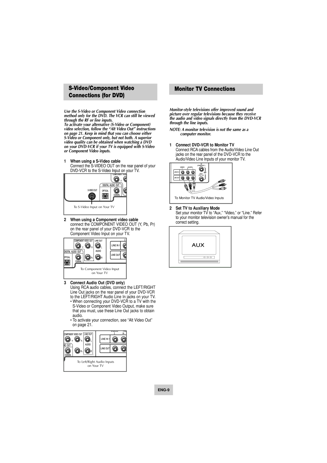 Samsung DVD-V4800 instruction manual Video/Component Video Connections for DVD, Monitor TV Connections 