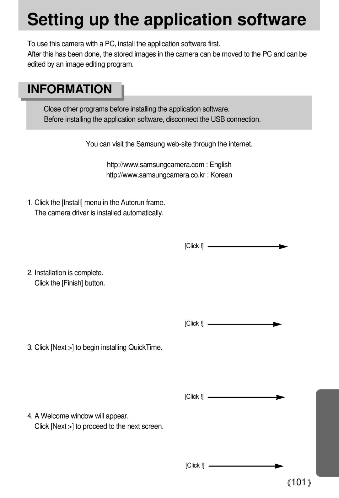 Samsung V50 user manual Setting up the application software, Click Next to begin installing QuickTime 