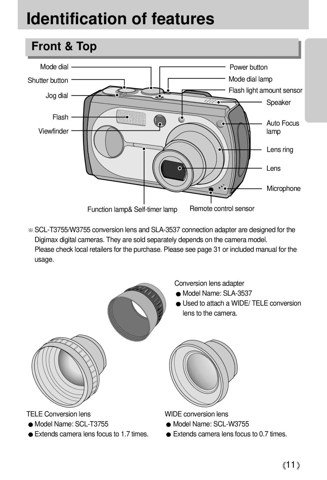 Samsung V50 Identification of features, Front & Top, Jog dial Flash Viewfinder Power button Mode dial lamp, Speaker 