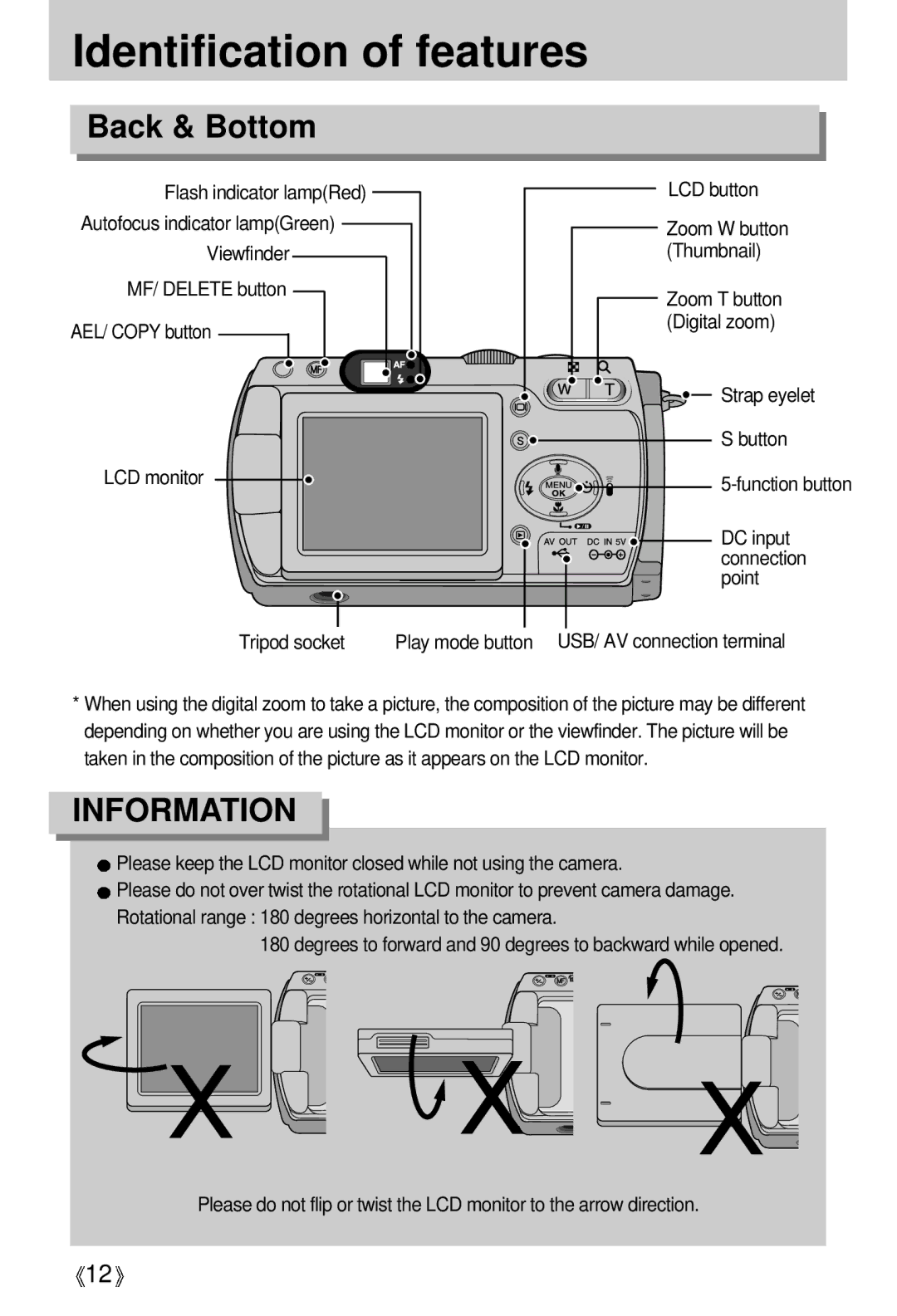 Samsung V50 user manual Back & Bottom, Strap eyelet Button Function button DC input, Tripod socket 