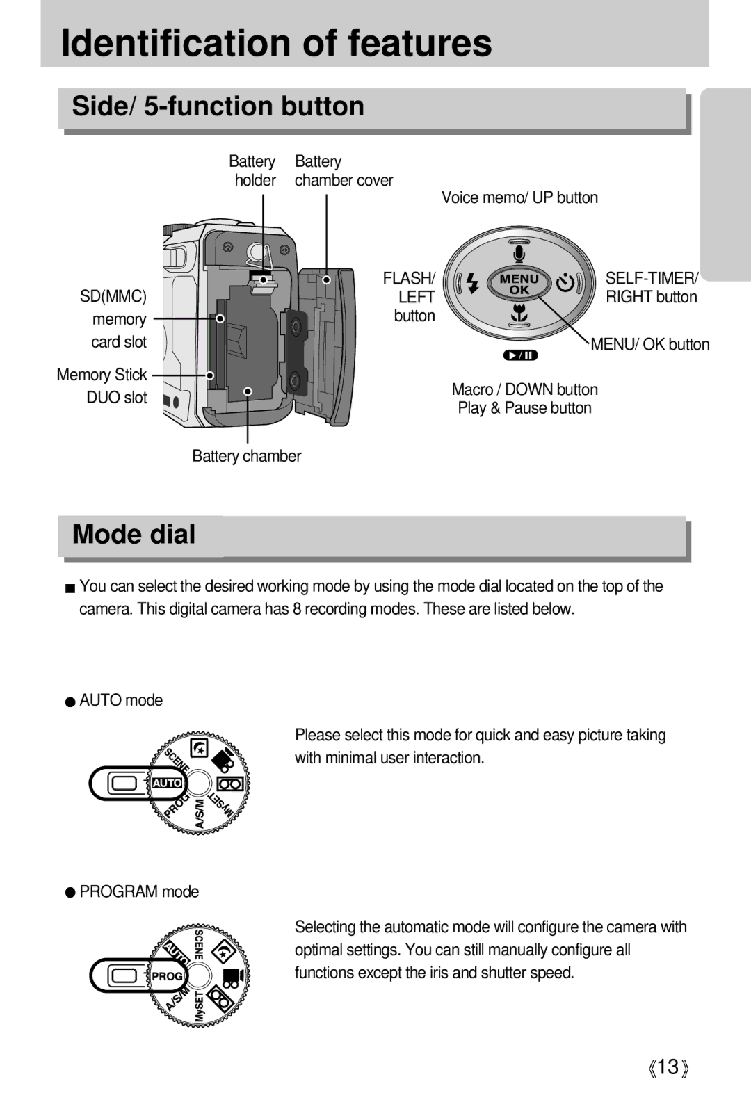 Samsung V50 user manual Side/ 5-function button, Mode dial, Self-Timer, Left 