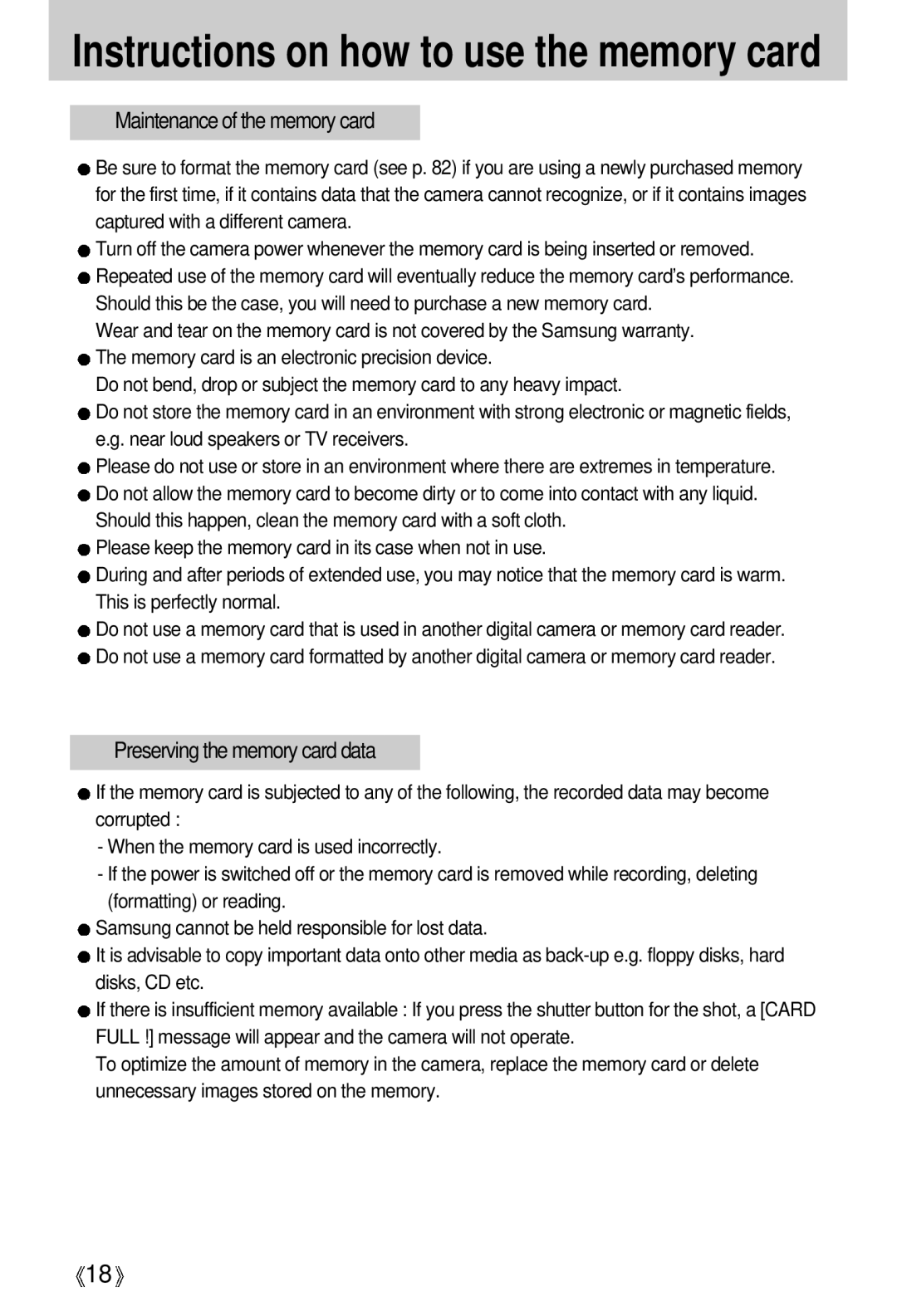 Samsung V50 user manual Instructions on how to use the memory card 