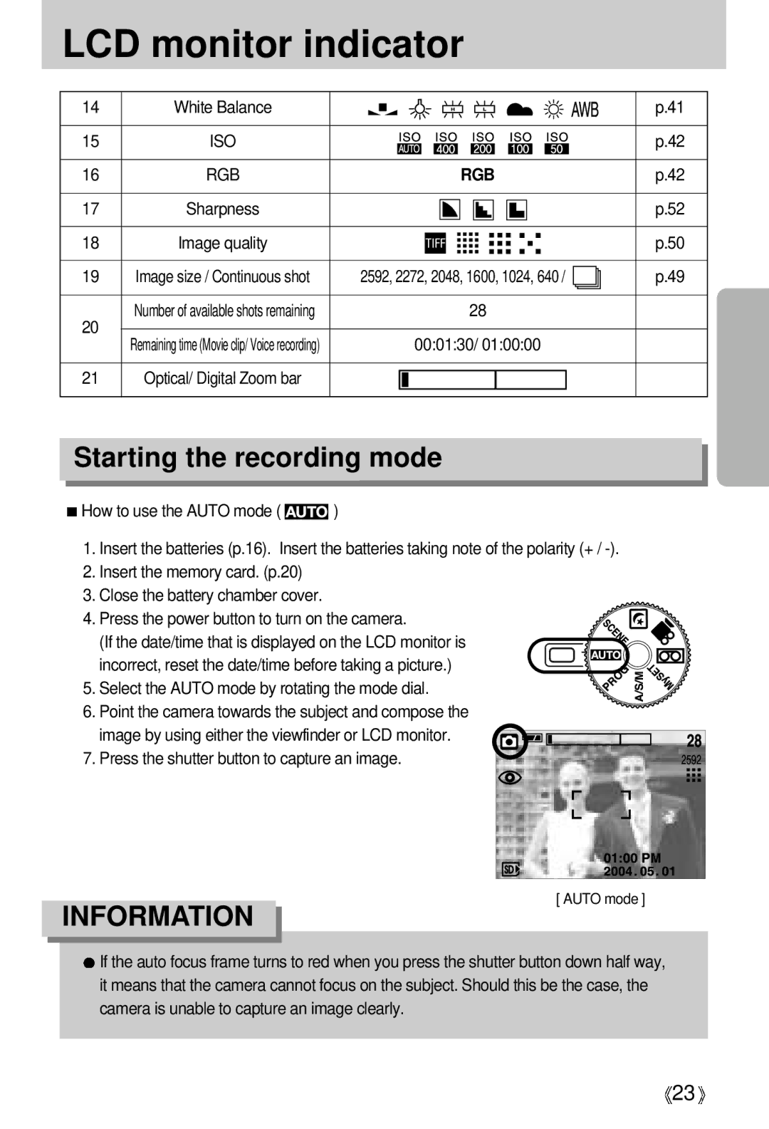 Samsung V50 user manual Starting the recording mode, Iso, 000130, Select the Auto mode by rotating the mode dial 