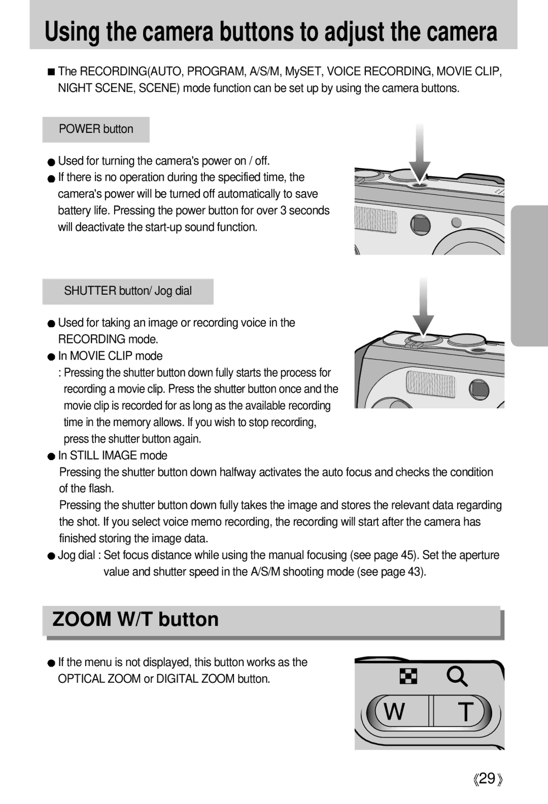 Samsung V50 user manual Zoom W/T button, Power button Used for turning the cameras power on / off 