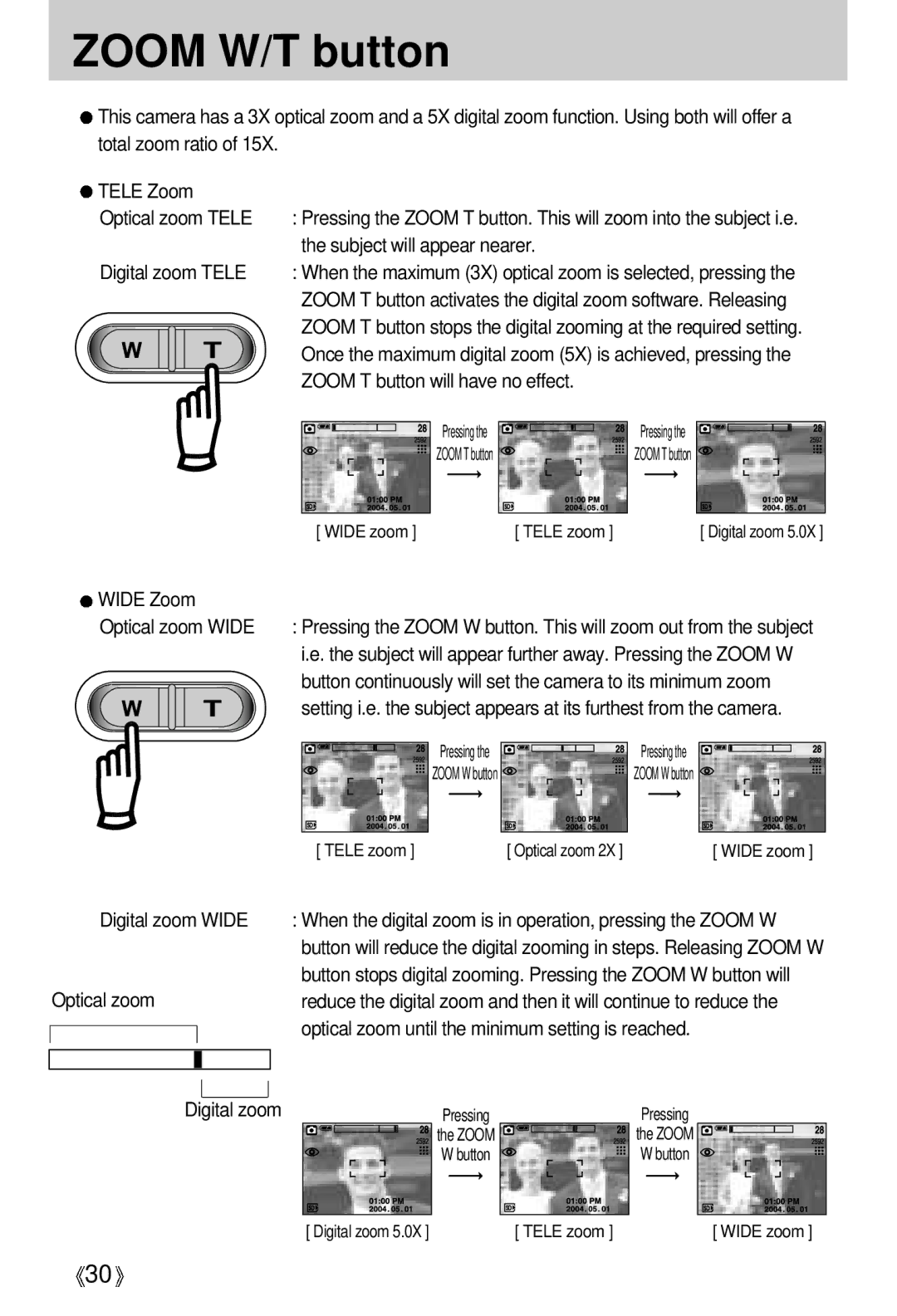 Samsung V50 user manual Zoom W/T button 