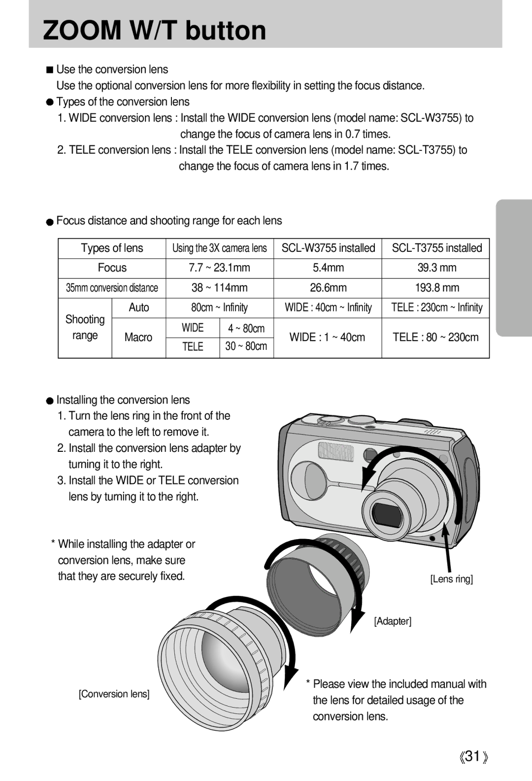 Samsung V50 user manual ~ 23.1mm, ~ 114mm, Wide, Tele, Installing the conversion lens 