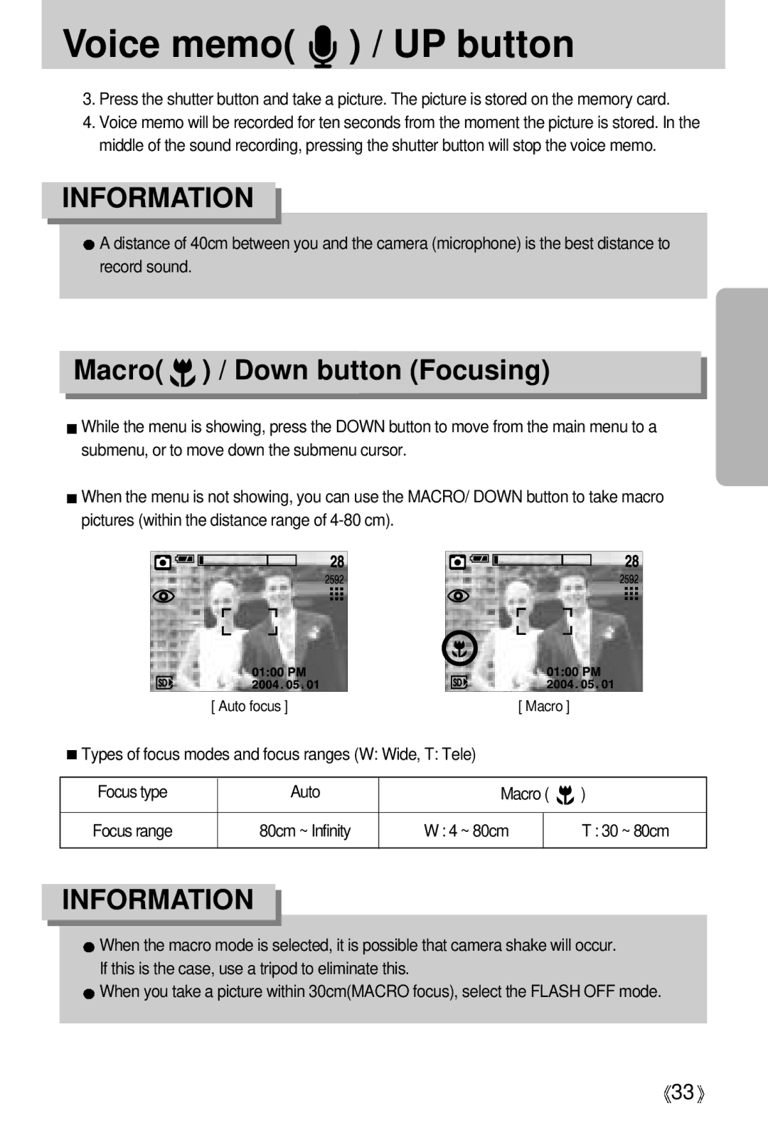 Samsung V50 user manual Voice memo / UP button, Macro / Down button Focusing, ~ 80cm 30 ~ 80cm 