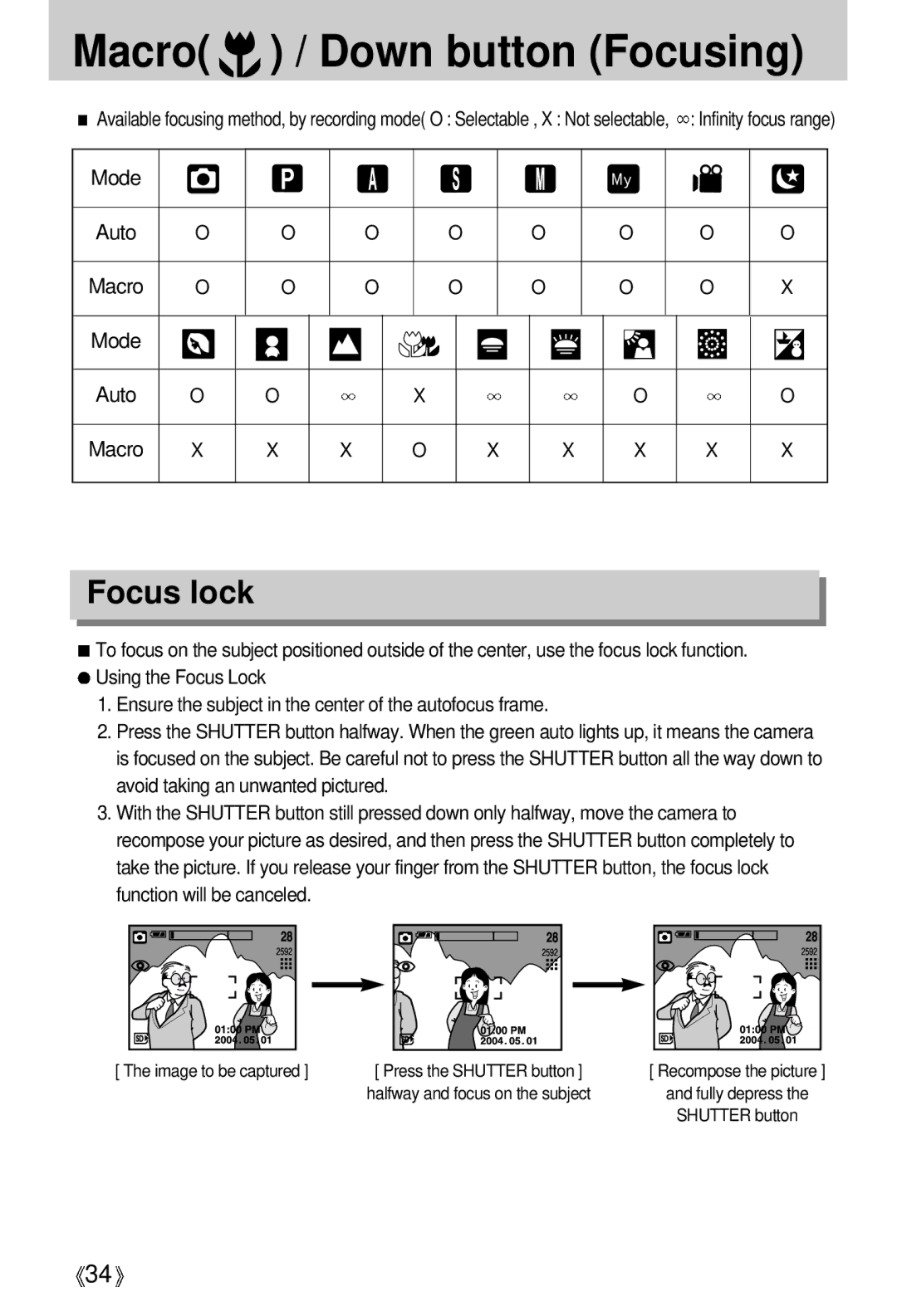 Samsung V50 user manual Macro / Down button Focusing, Focus lock, Mode Auto Macro 