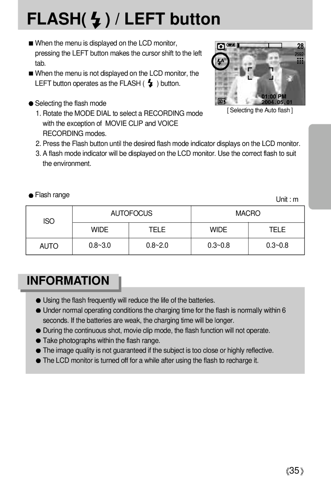 Samsung V50 user manual Flash / Left button, Unit m, ISO Autofocus Macro Wide Tele, ~3.0 ~2.0 ~0.8 