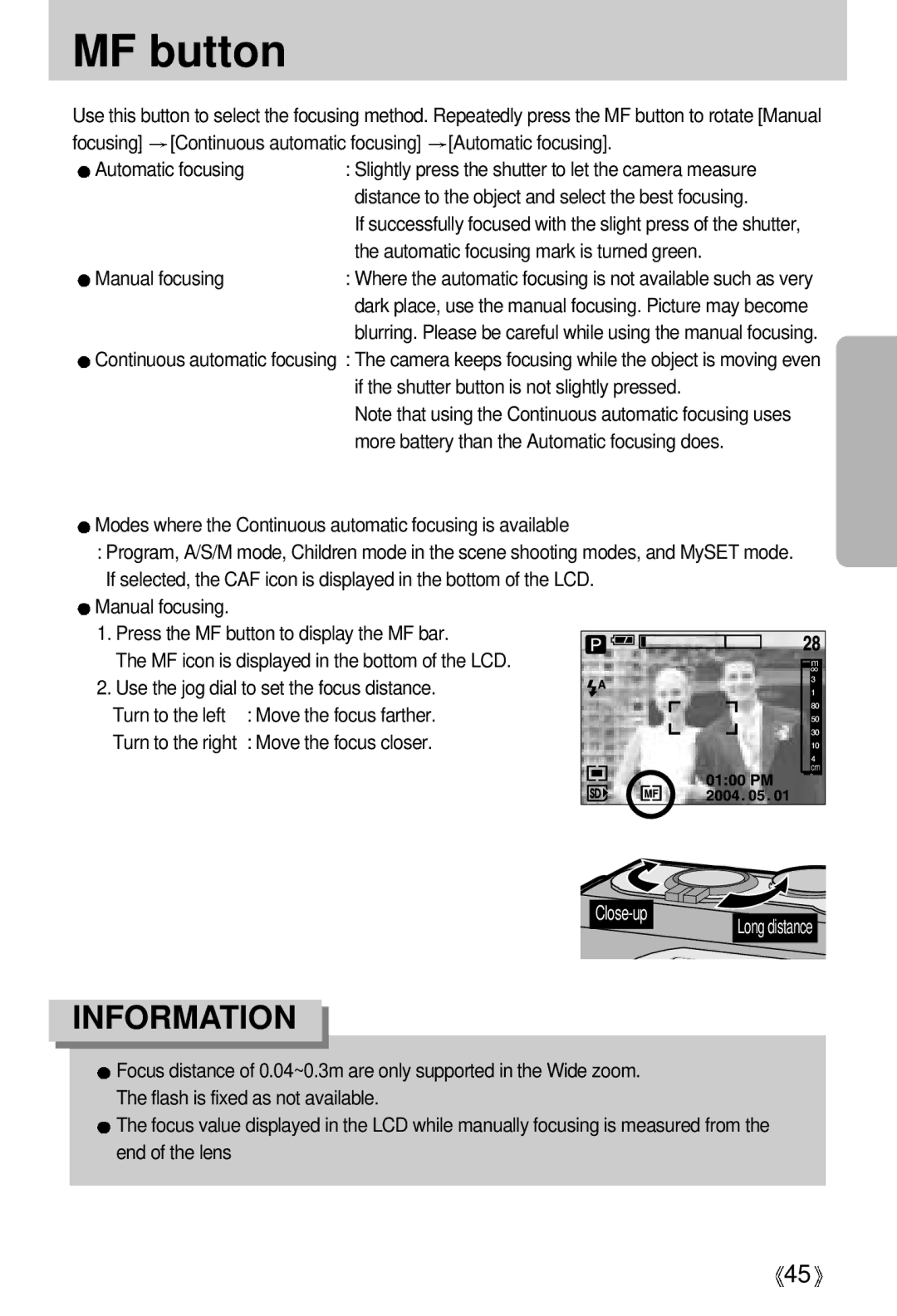 Samsung V50 user manual MF button, Automatic focusing mark is turned green, Manual focusing, Move the focus closer 