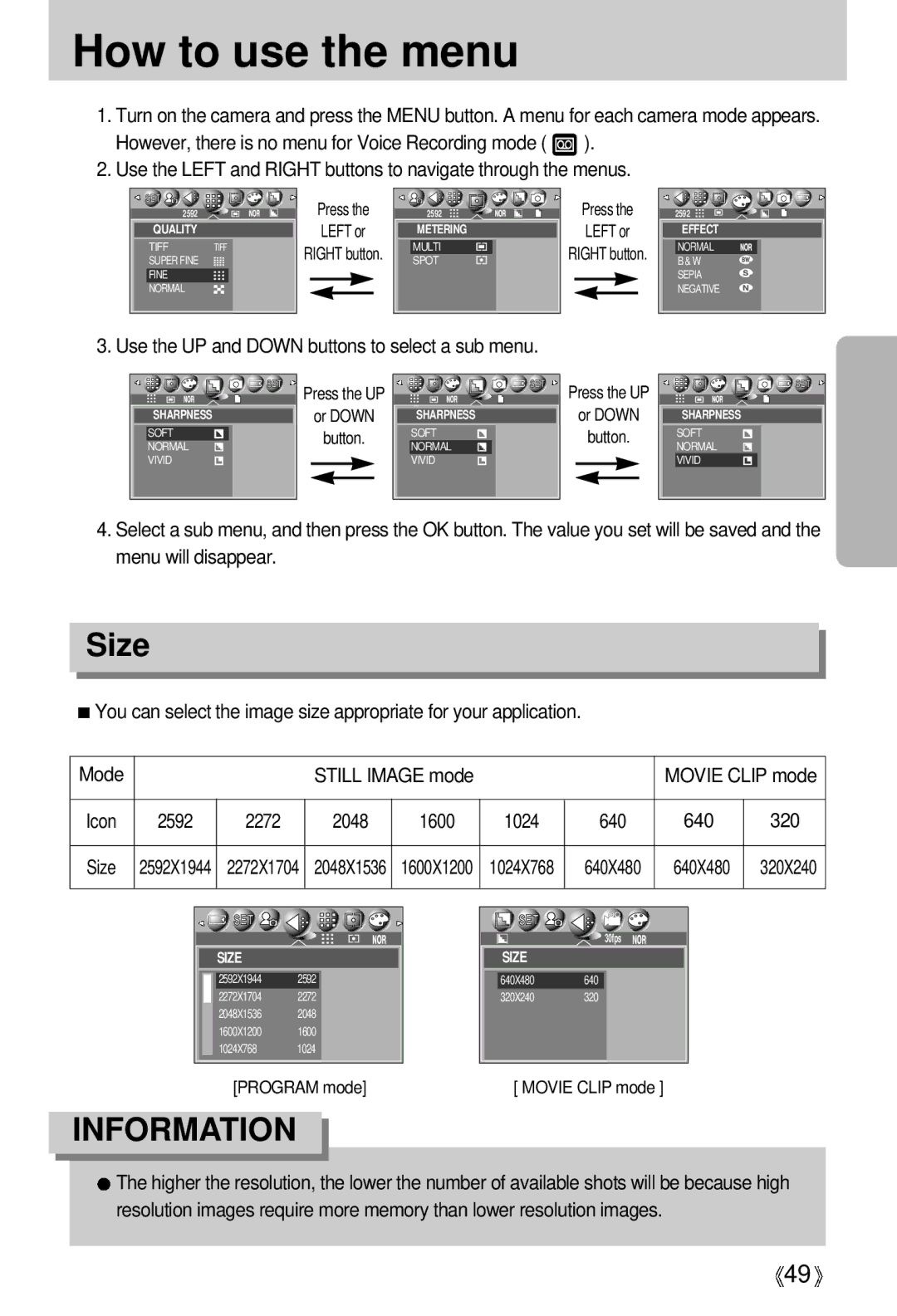 Samsung V50 user manual How to use the menu, Size, Use the UP and Down buttons to select a sub menu 