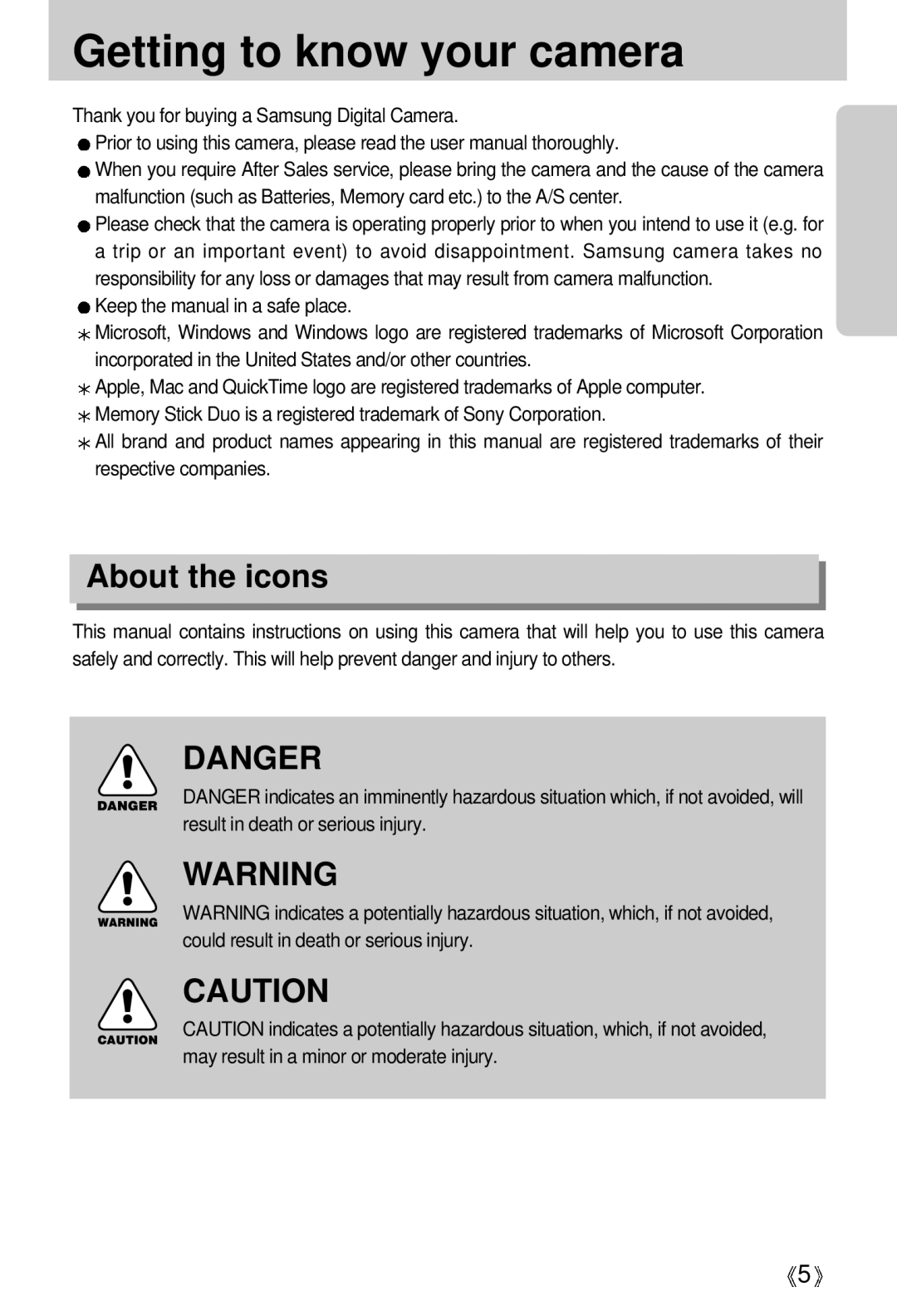 Samsung V50 user manual Getting to know your camera, About the icons 