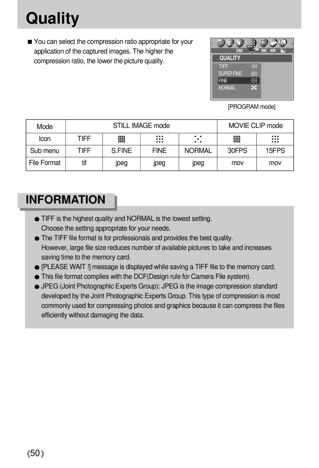 Samsung V50 user manual Quality, Mode Still Image mode Movie Clip mode, Tiff Fine, 30FPS 