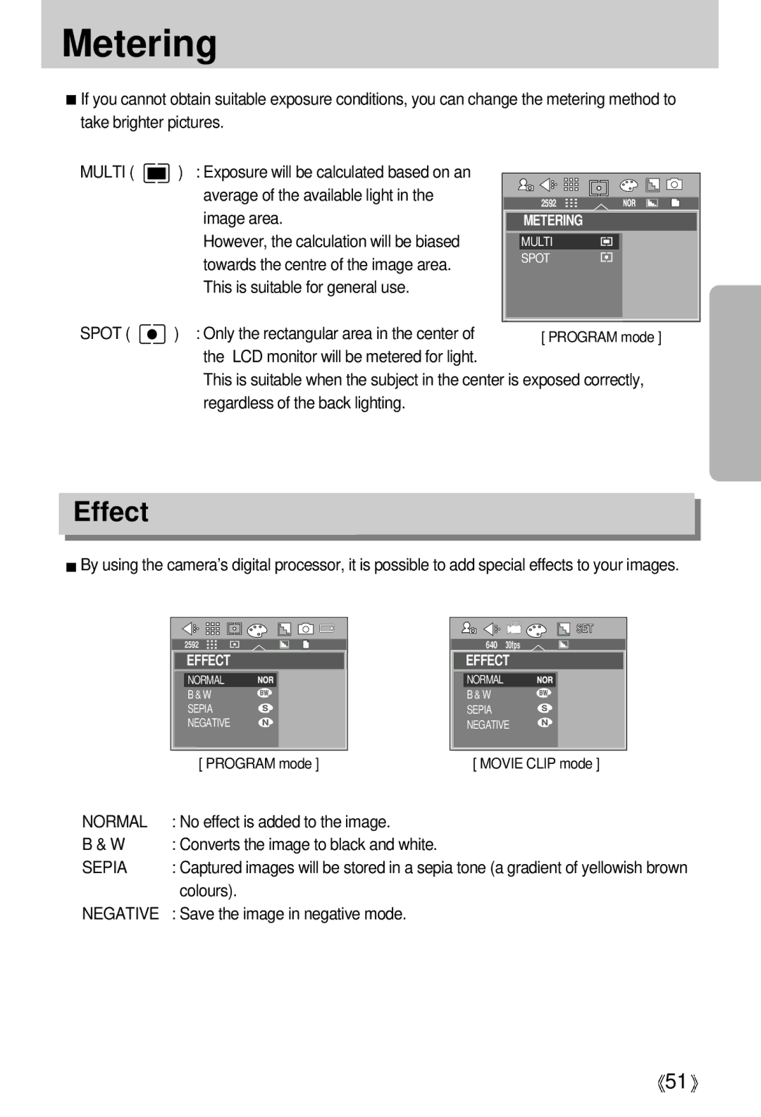 Samsung V50 user manual Metering, Effect, Sepia, Negative 