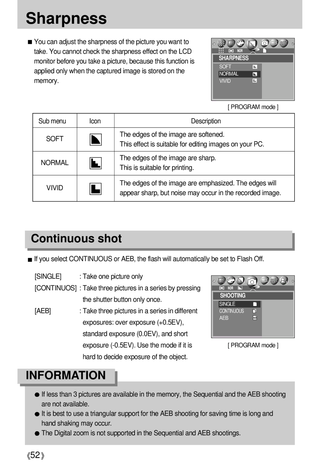 Samsung V50 user manual Sharpness, Continuous shot, Aeb 