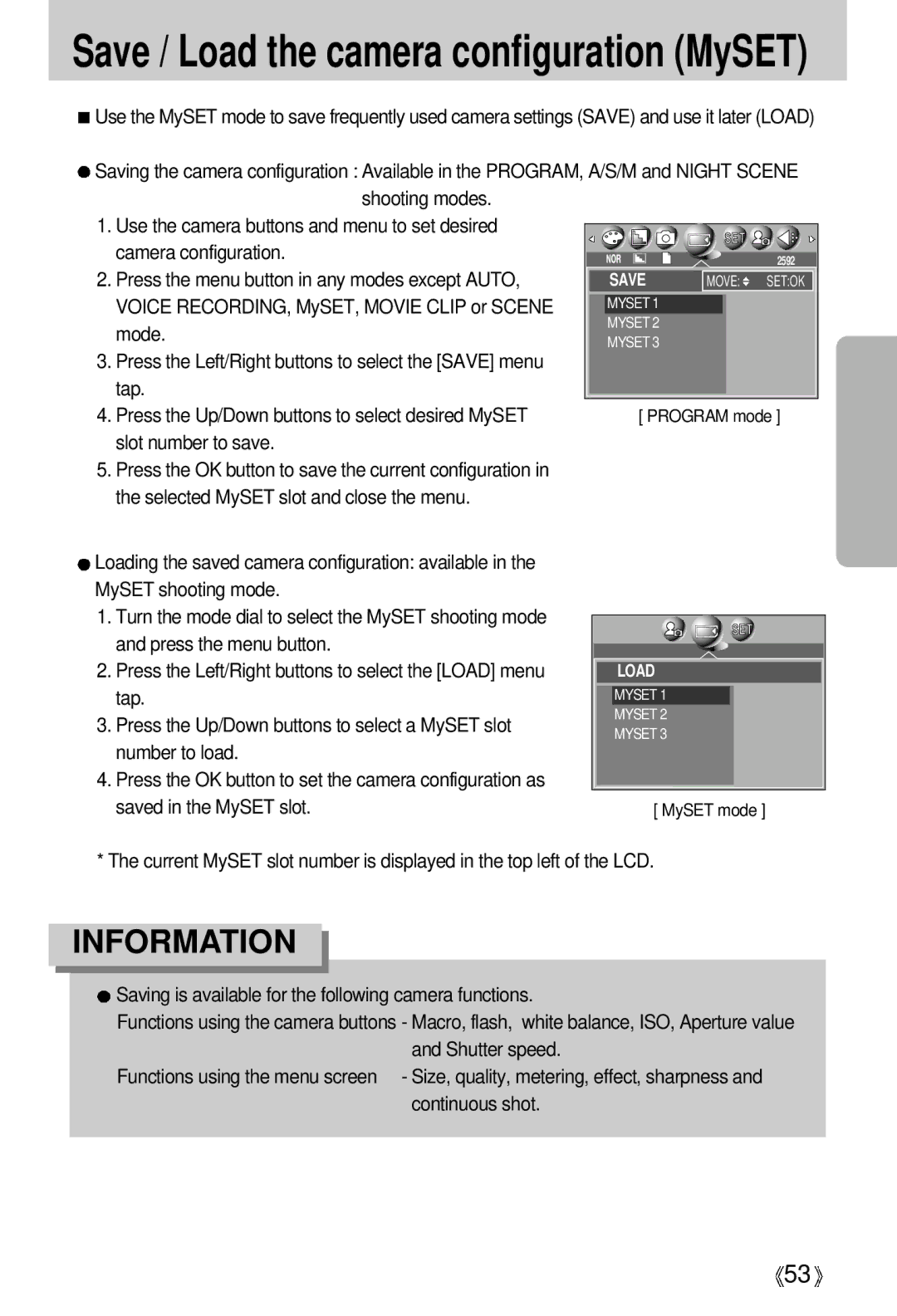 Samsung V50 user manual Save / Load the camera configuration MySET 