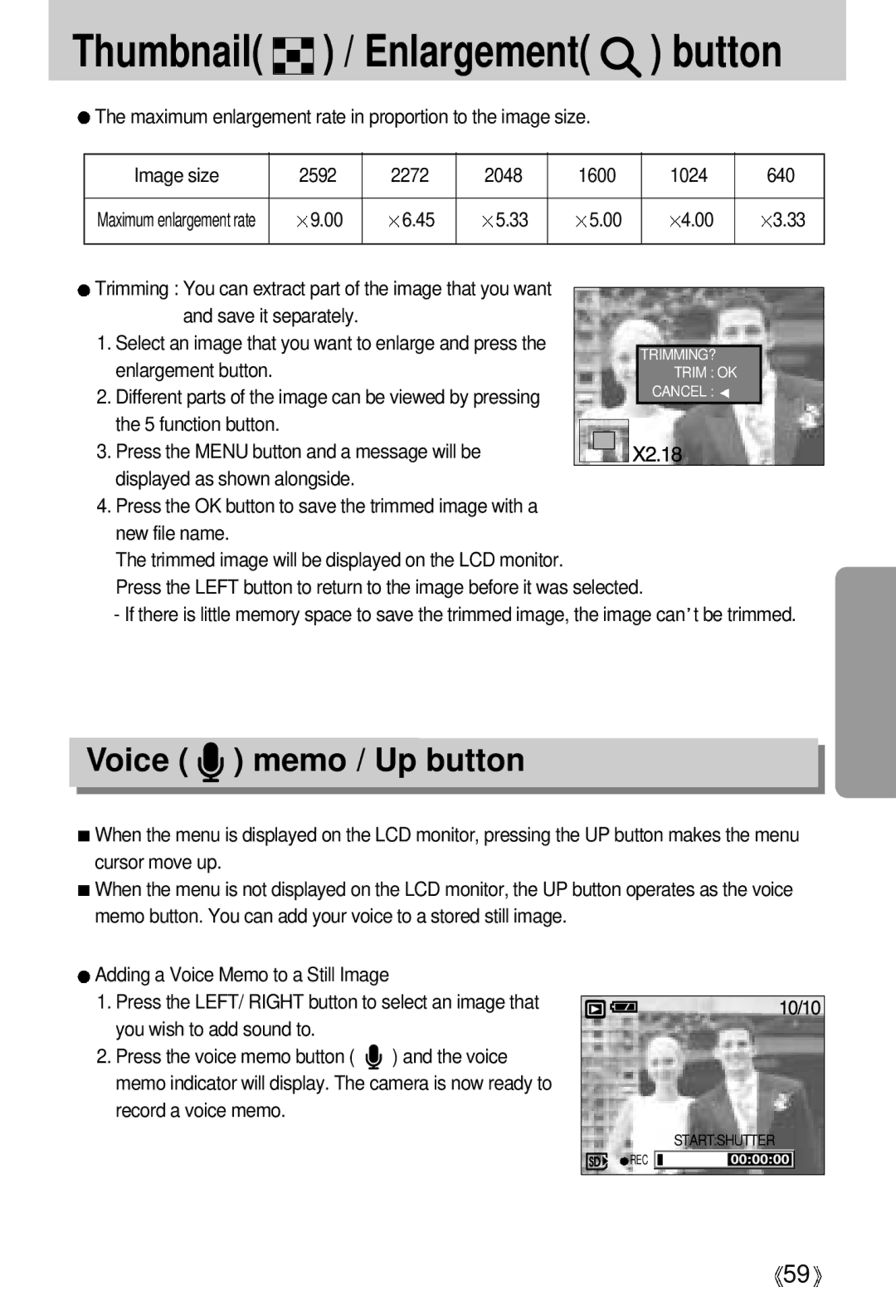 Samsung V50 user manual Thumbnail / Enlargement button, Record a voice memo 