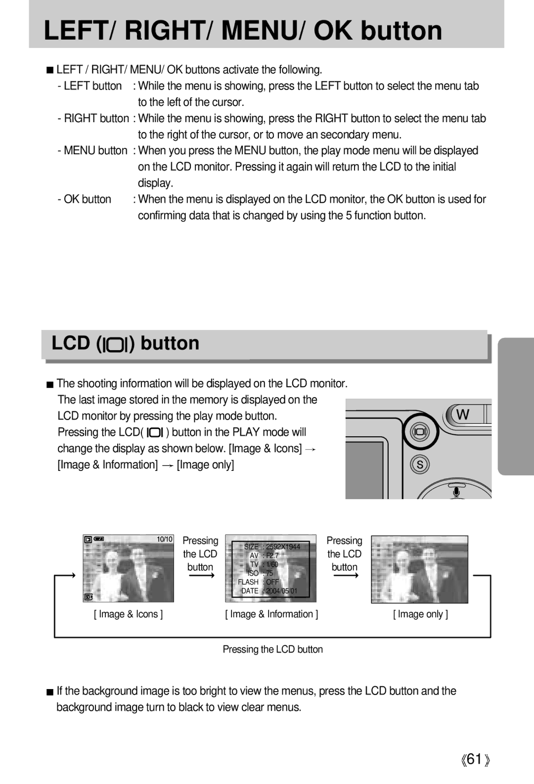 Samsung V50 user manual LEFT/ RIGHT/ MENU/ OK button, LCD button 