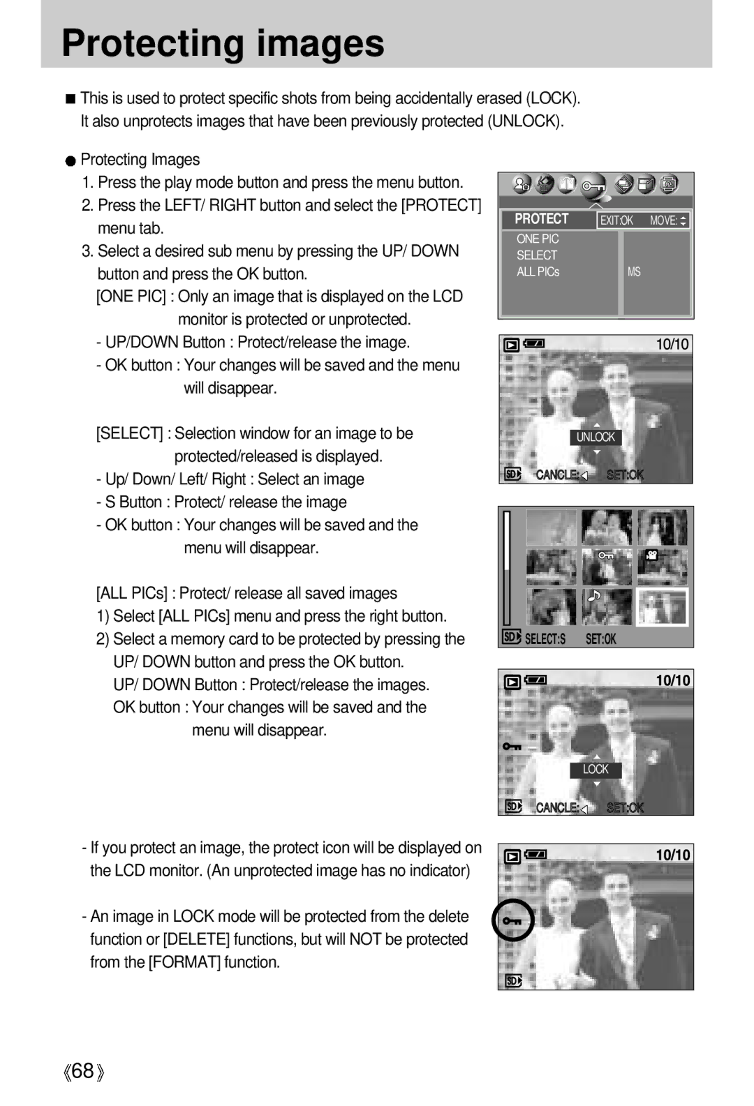 Samsung V50 user manual Protecting images, Protecting Images 