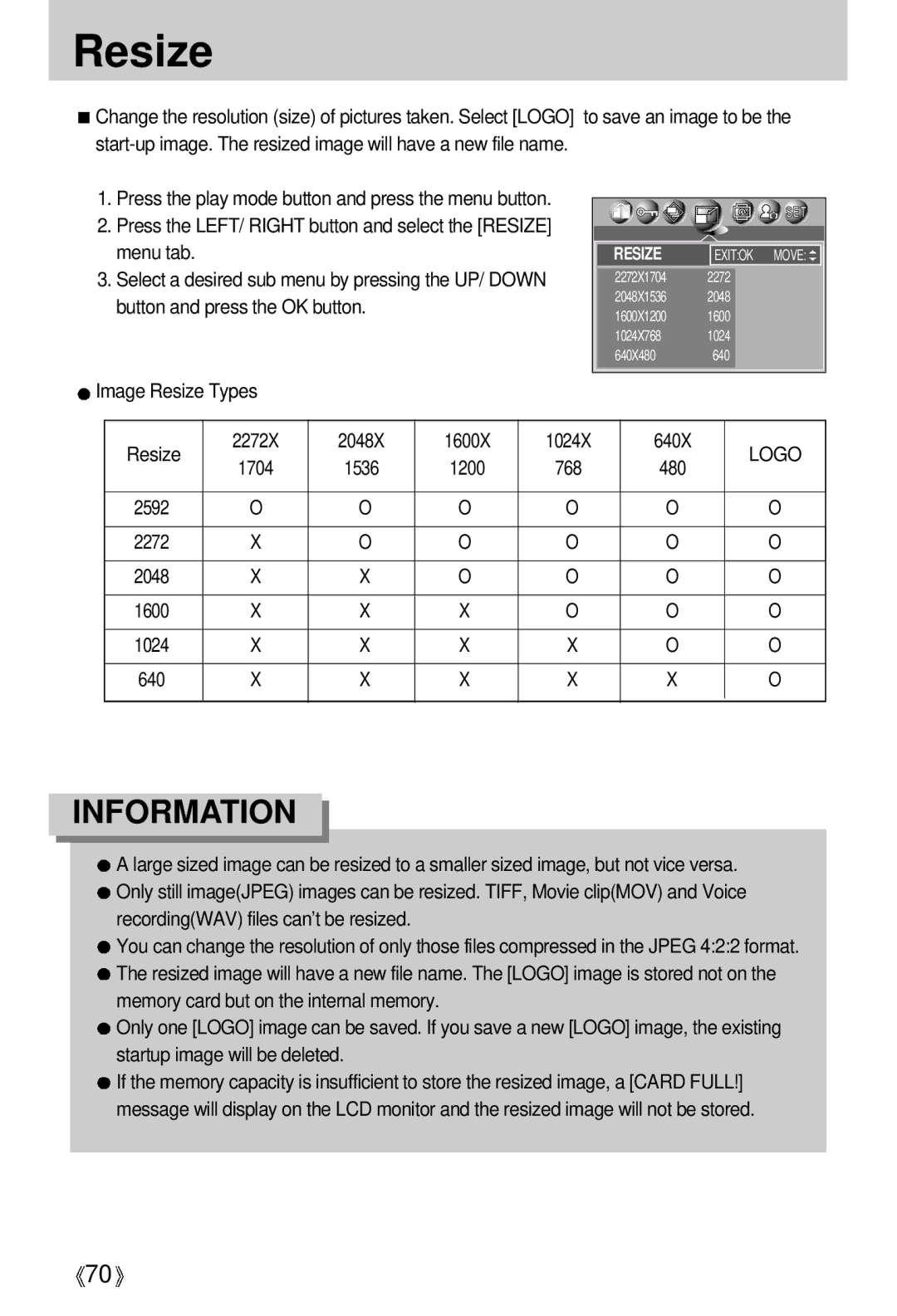 Samsung V50 user manual Image Resize Types 2272X 2048X 1600X 1024X 640X, Logo, 1704 1536 1200 768 480 