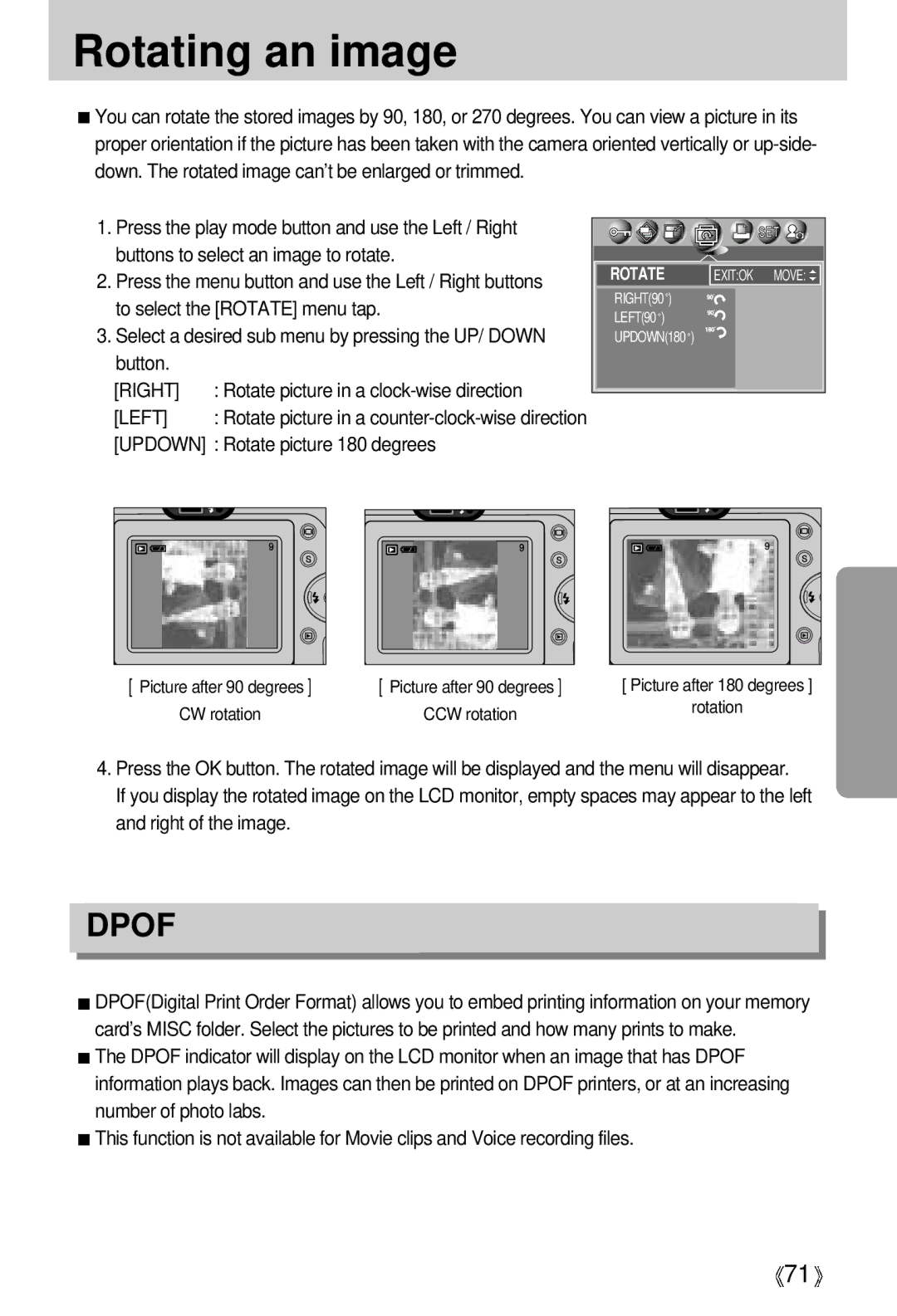 Samsung V50 Rotating an image, Right, Rotate picture in a clock-wise direction, Updown Rotate picture 180 degrees 