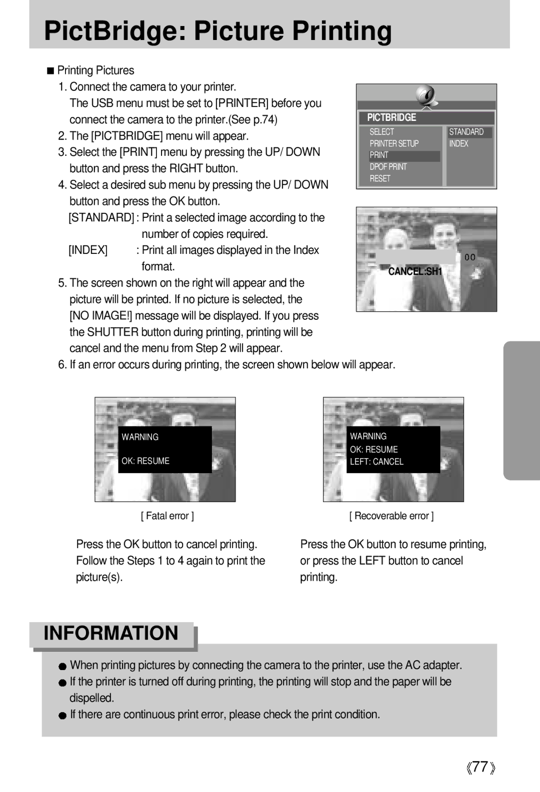 Samsung V50 PictBridge Picture Printing, Select the Print menu by pressing the UP/ Down, Button and press the OK button 