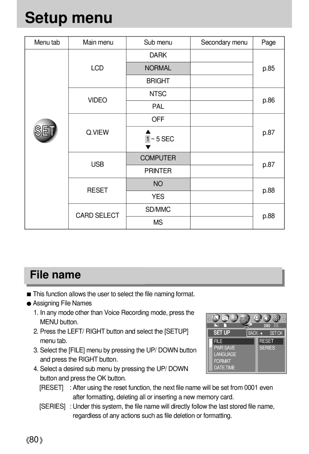 Samsung V50 user manual File name, Bright Video Ntsc, Computer Printer Reset 