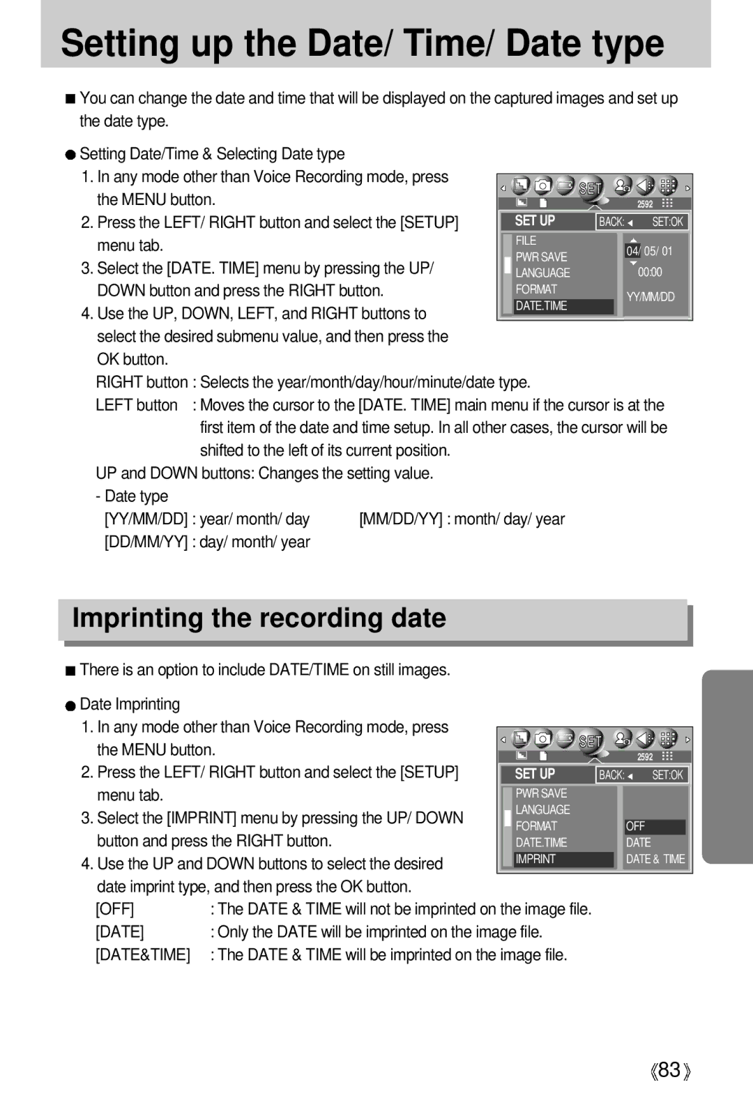 Samsung V50 user manual Setting up the Date/ Time/ Date type, Imprinting the recording date, Date&Time 