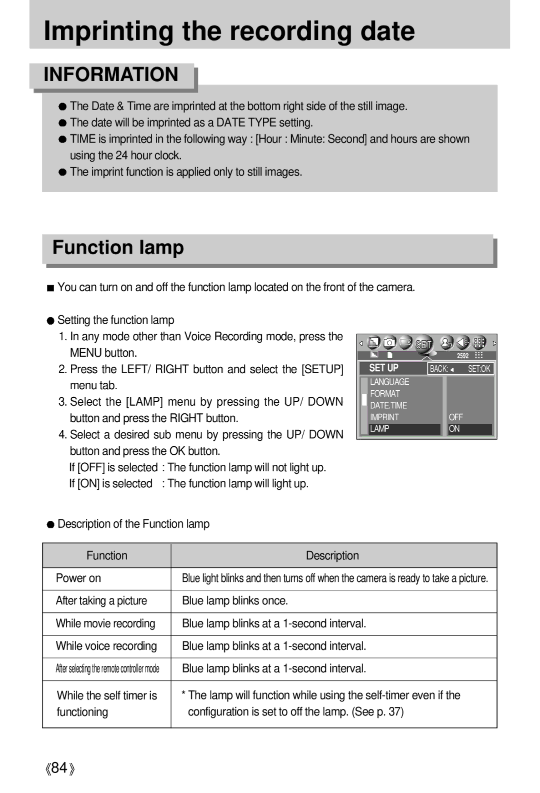 Samsung V50 user manual Imprinting the recording date, Function lamp 