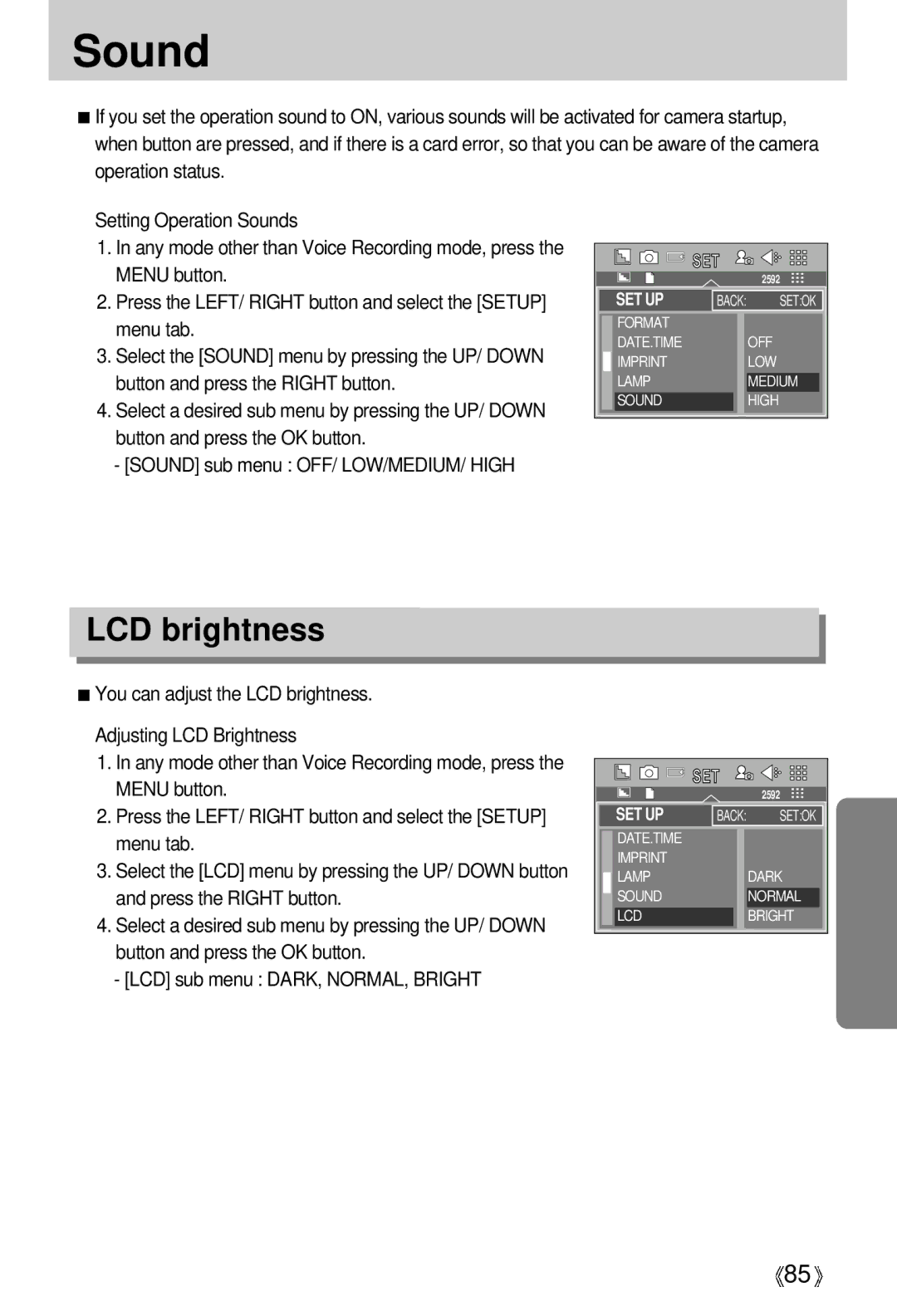 Samsung V50 user manual Sound, LCD brightness 