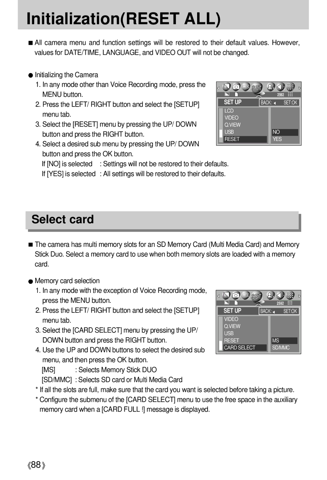 Samsung V50 InitializationRESET ALL, Select card, Press the Menu button, Select the Card Select menu by pressing the UP 