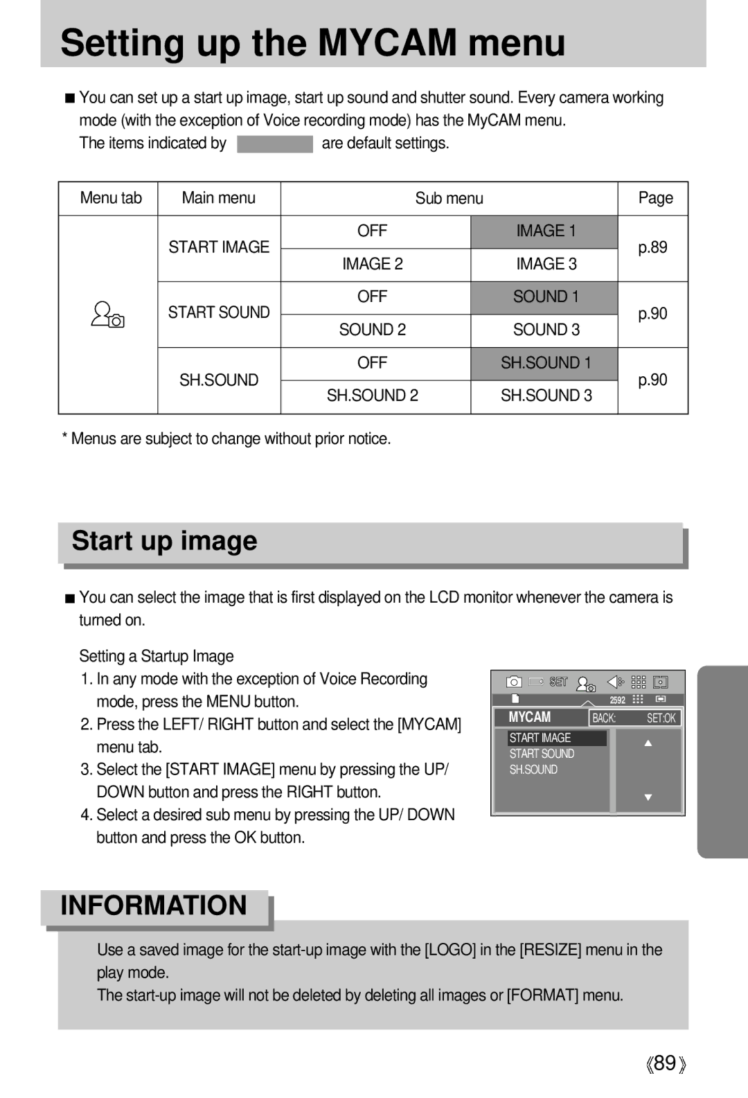 Samsung V50 user manual Setting up the Mycam menu, Start up image, Items indicated by are default settings Menu tab 