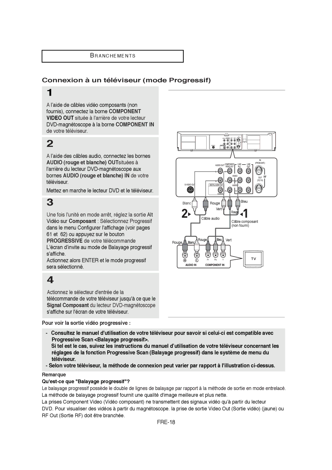 Samsung V6700-XAC, AK68-01304A, 20070205090323359 instruction manual Connexion à un téléviseur mode Progressif, FRE-18 