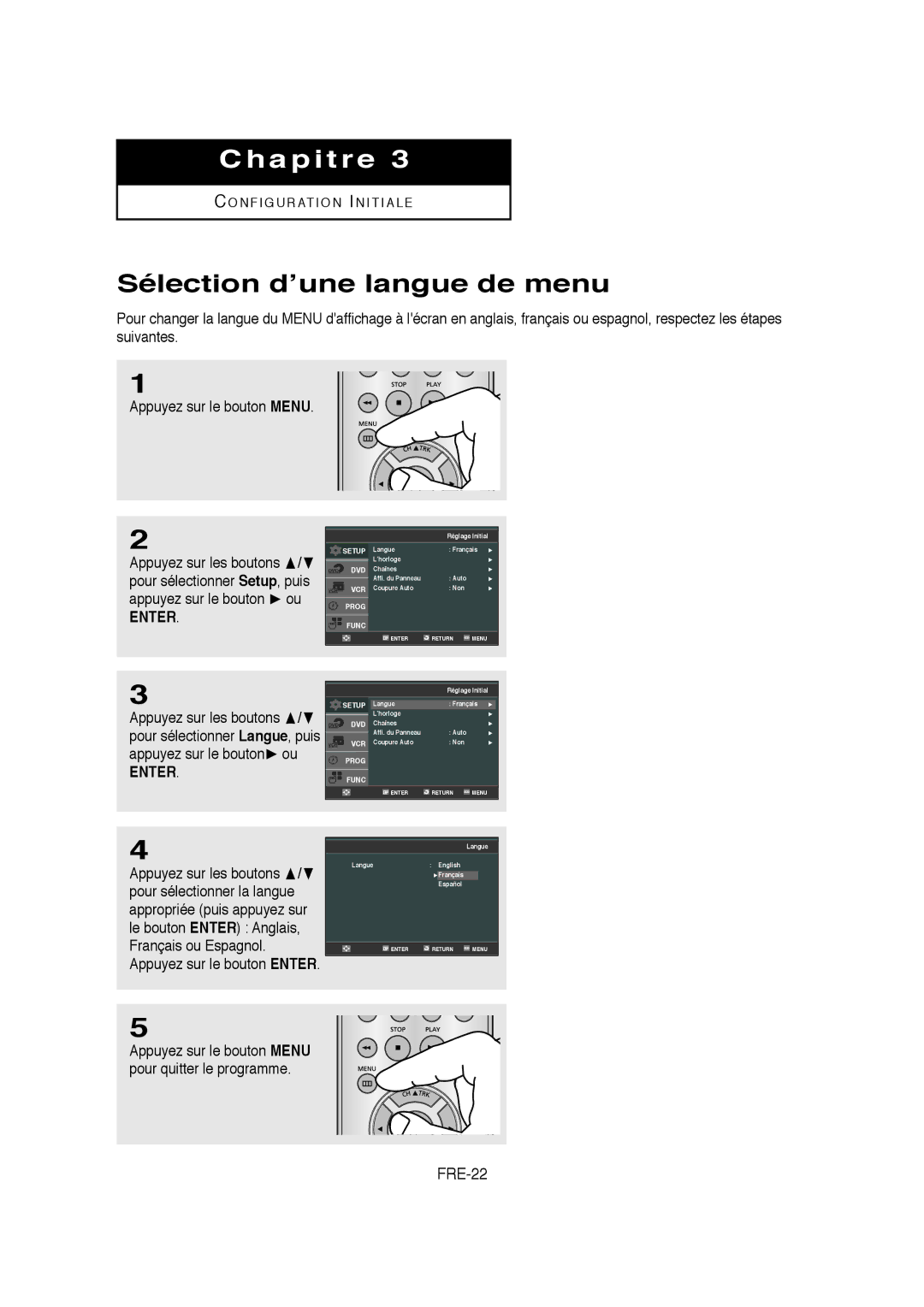 Samsung V6700-XAC, AK68-01304A, 20070205090323359 instruction manual Sélection d’une langue de menu, FRE-22 