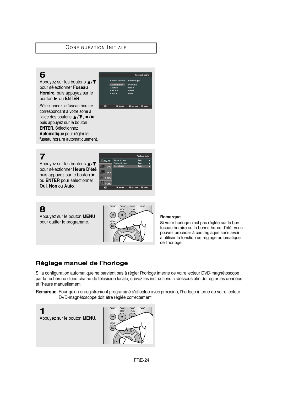 Samsung V6700-XAC, AK68-01304A, 20070205090323359 instruction manual Réglage manuel de l’horloge, FRE-24 