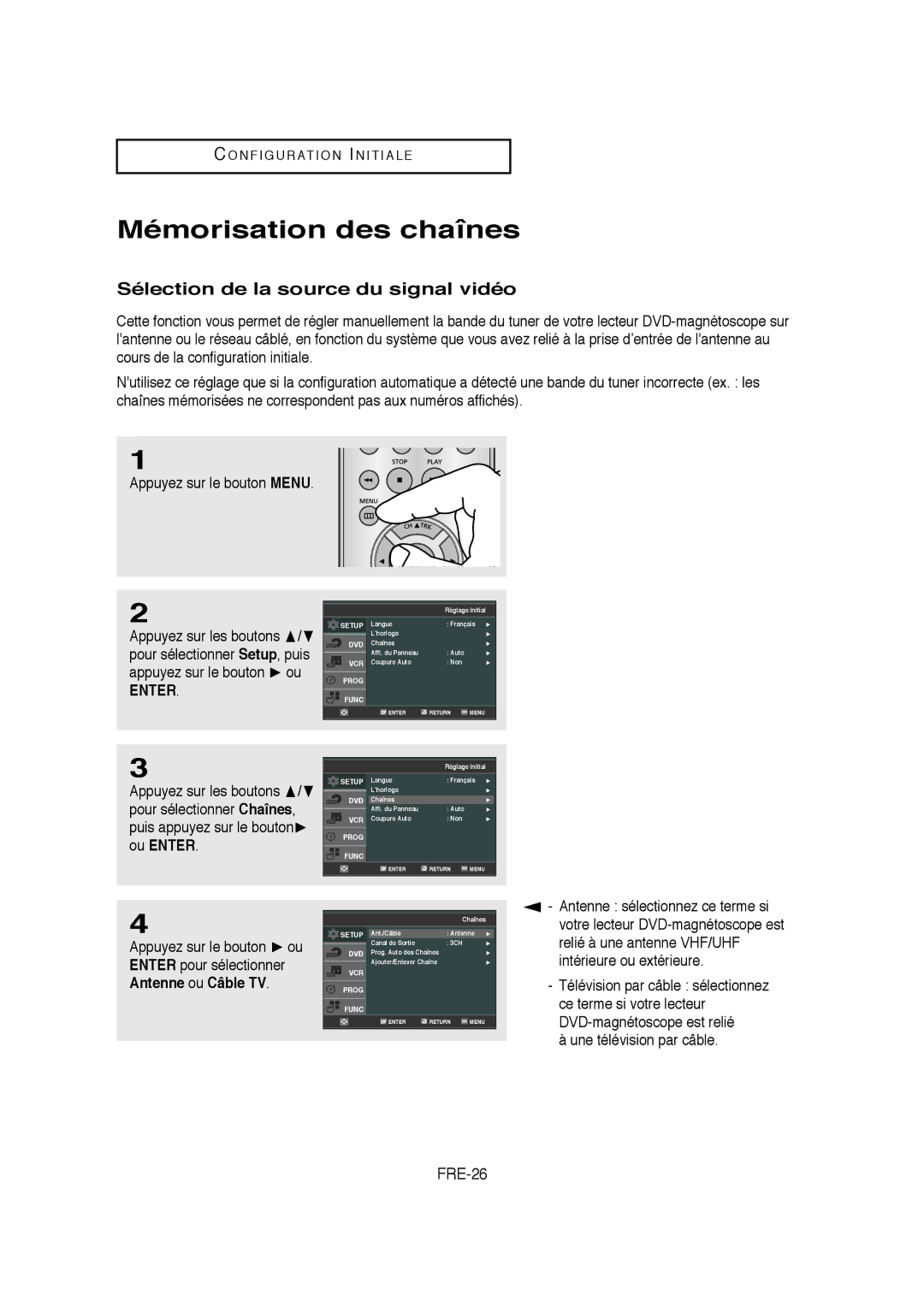 Samsung 01304A Mémorisation des chaînes, Sélection de la source du signal vidéo, FRE-26, Une télévision par câble 