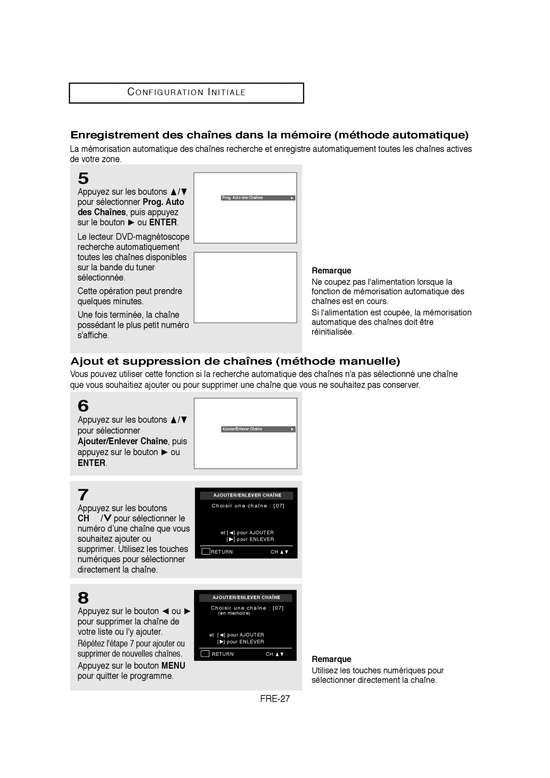 Samsung 20070205090323359, V6700-XAC Ajout et suppression de chaînes méthode manuelle, FRE-27, Appuyez sur les boutons 