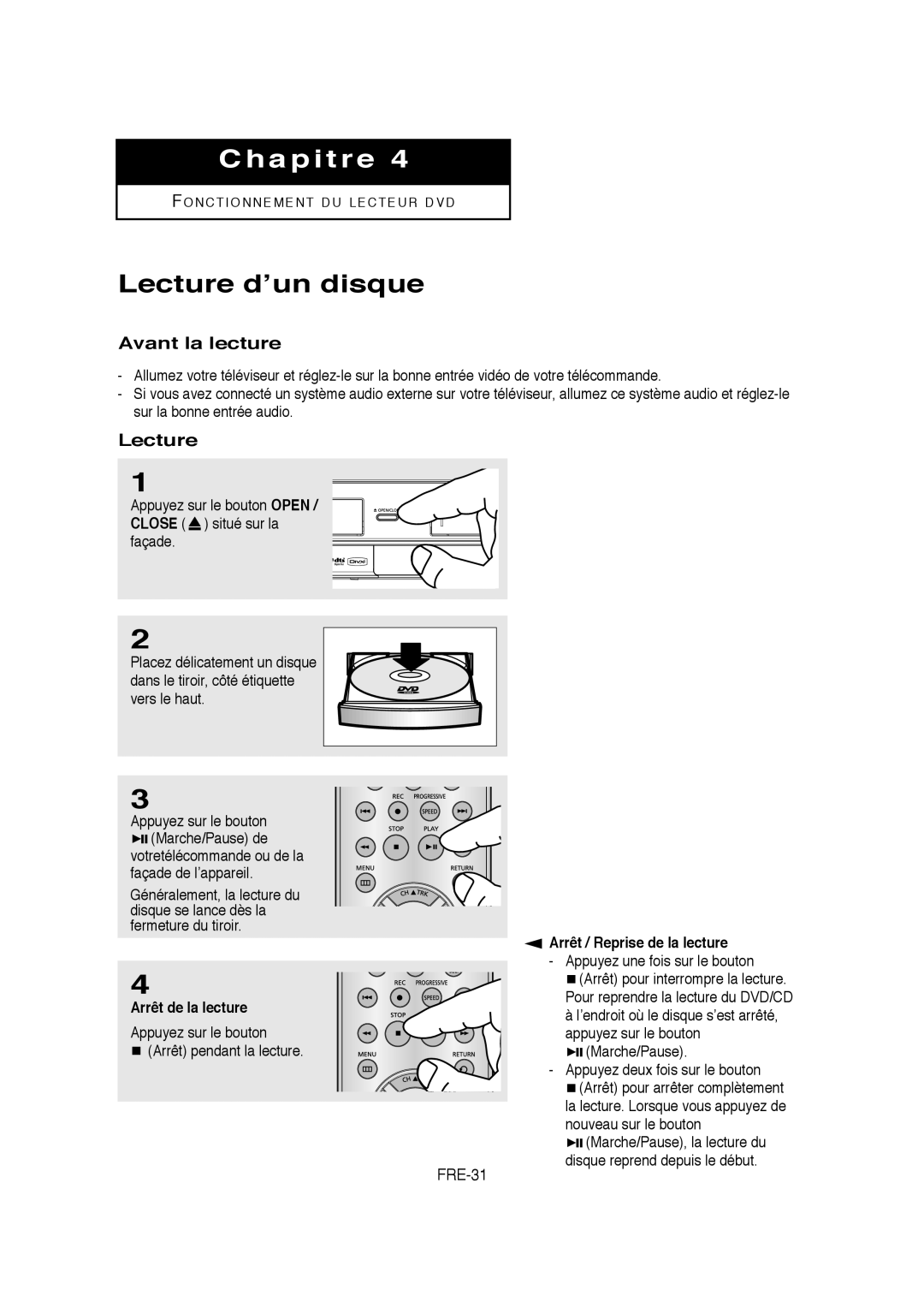 Samsung 20070205090323359, V6700-XAC, AK68-01304A instruction manual Lecture d’un disque, Avant la lecture, FRE-31 