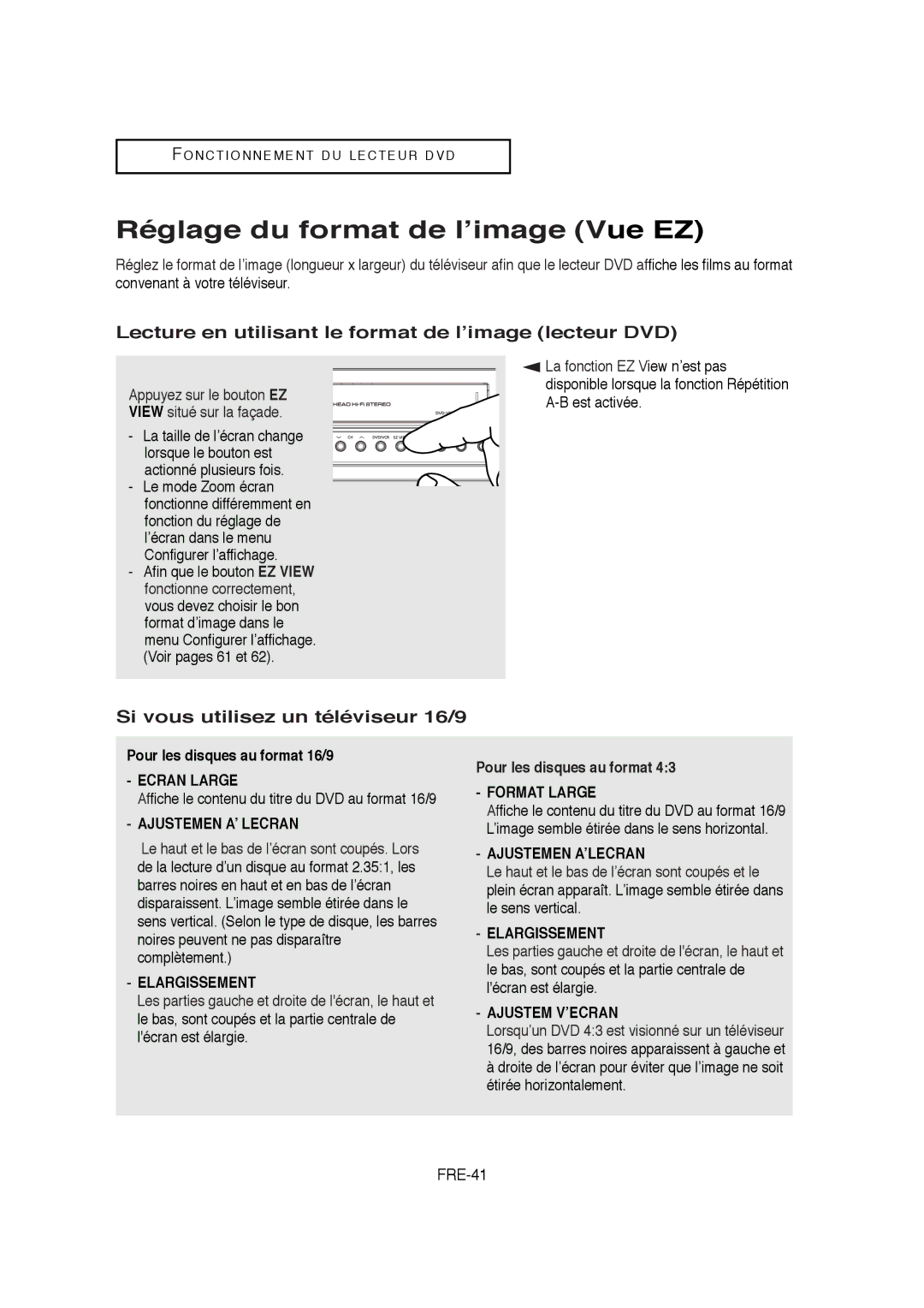 Samsung AK68-01304A Réglage du format de l’image Vue EZ, Lecture en utilisant le format de l’image lecteur DVD, FRE-41 