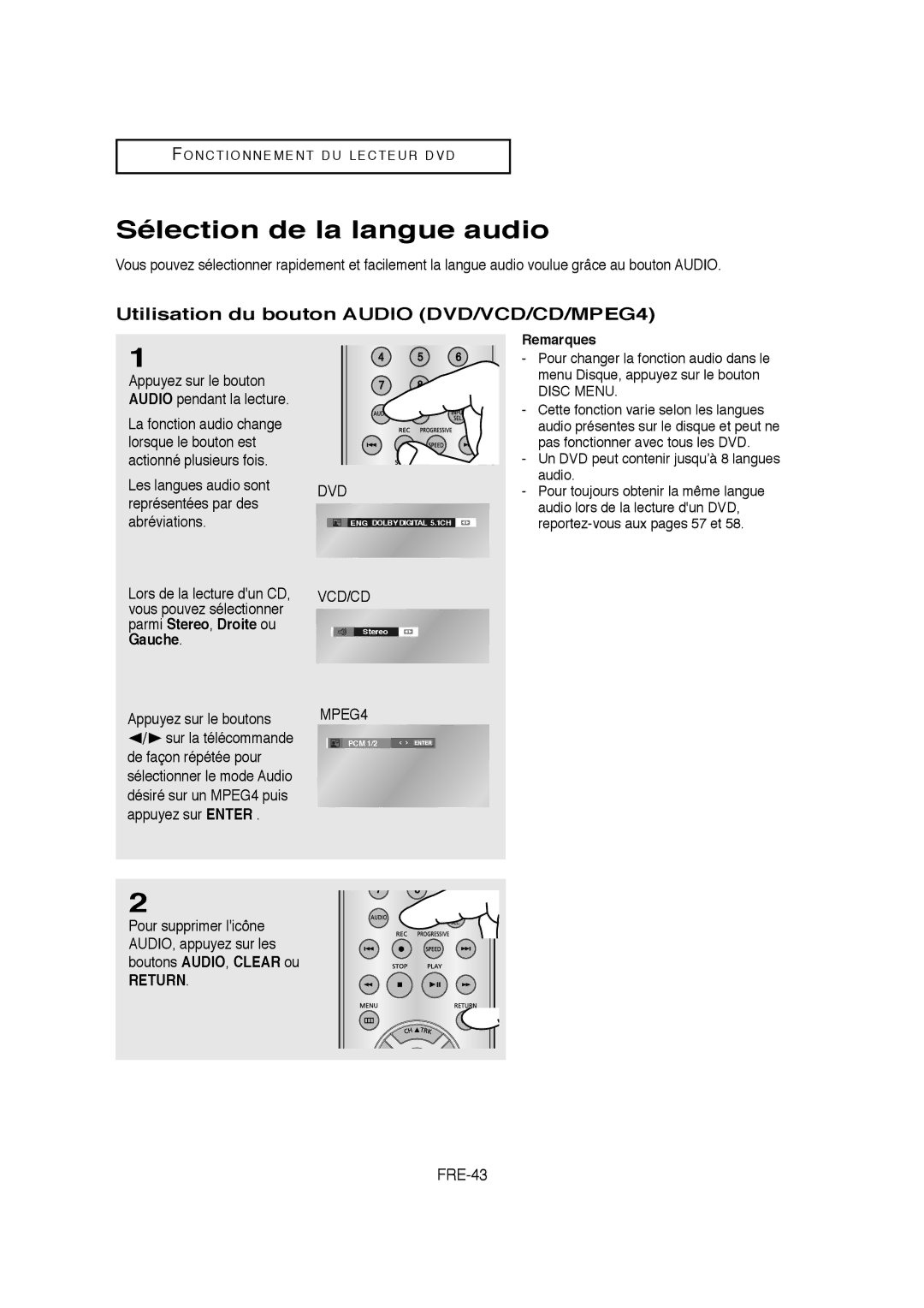 Samsung 20070205090323359, V6700-XAC Sélection de la langue audio, Utilisation du bouton Audio DVD/VCD/CD/MPEG4, FRE-43 